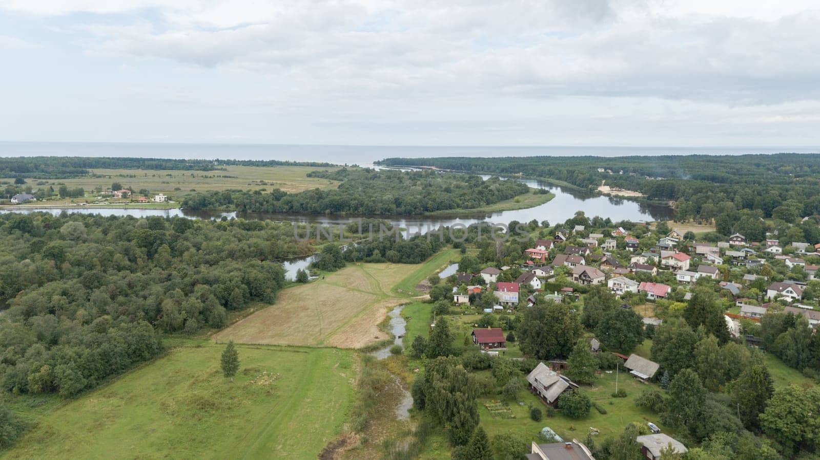 Gauja river Latvia drain into Baltic Sea aerial drone top view