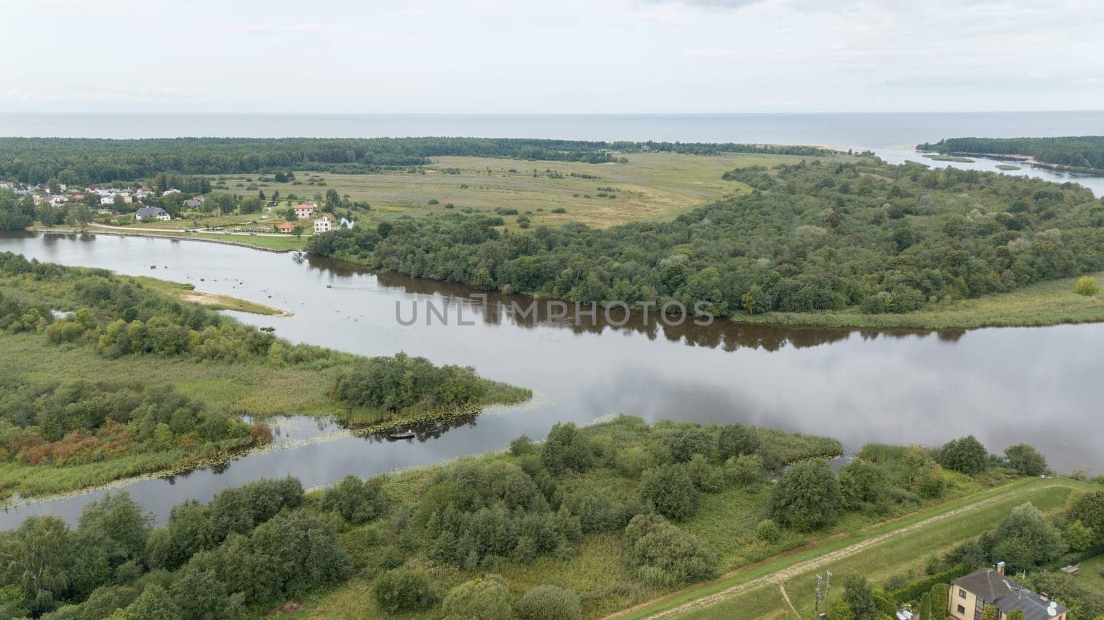 Gauja river Latvia drain into Baltic Sea aerial drone top view