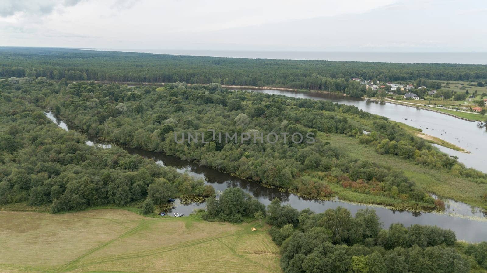 Gauja river Latvia drain into Baltic Sea aerial drone top view