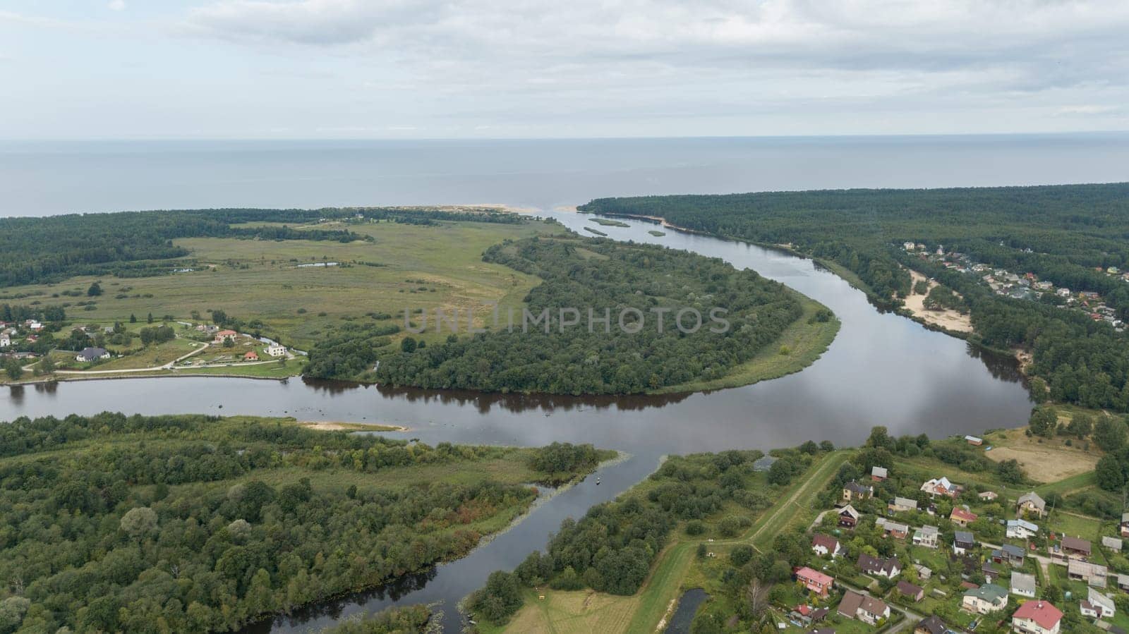Gauja river Latvia drain into Baltic Sea aerial drone top view
