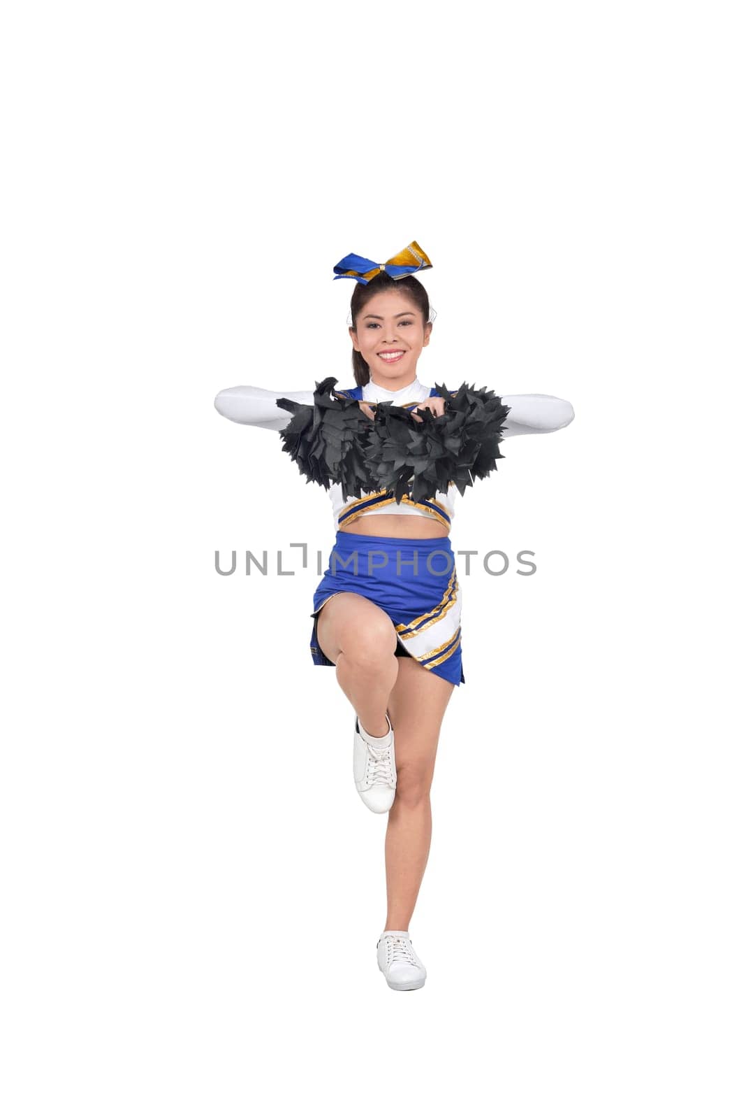 Images of asian cheerleader with pom poms isolated over white background