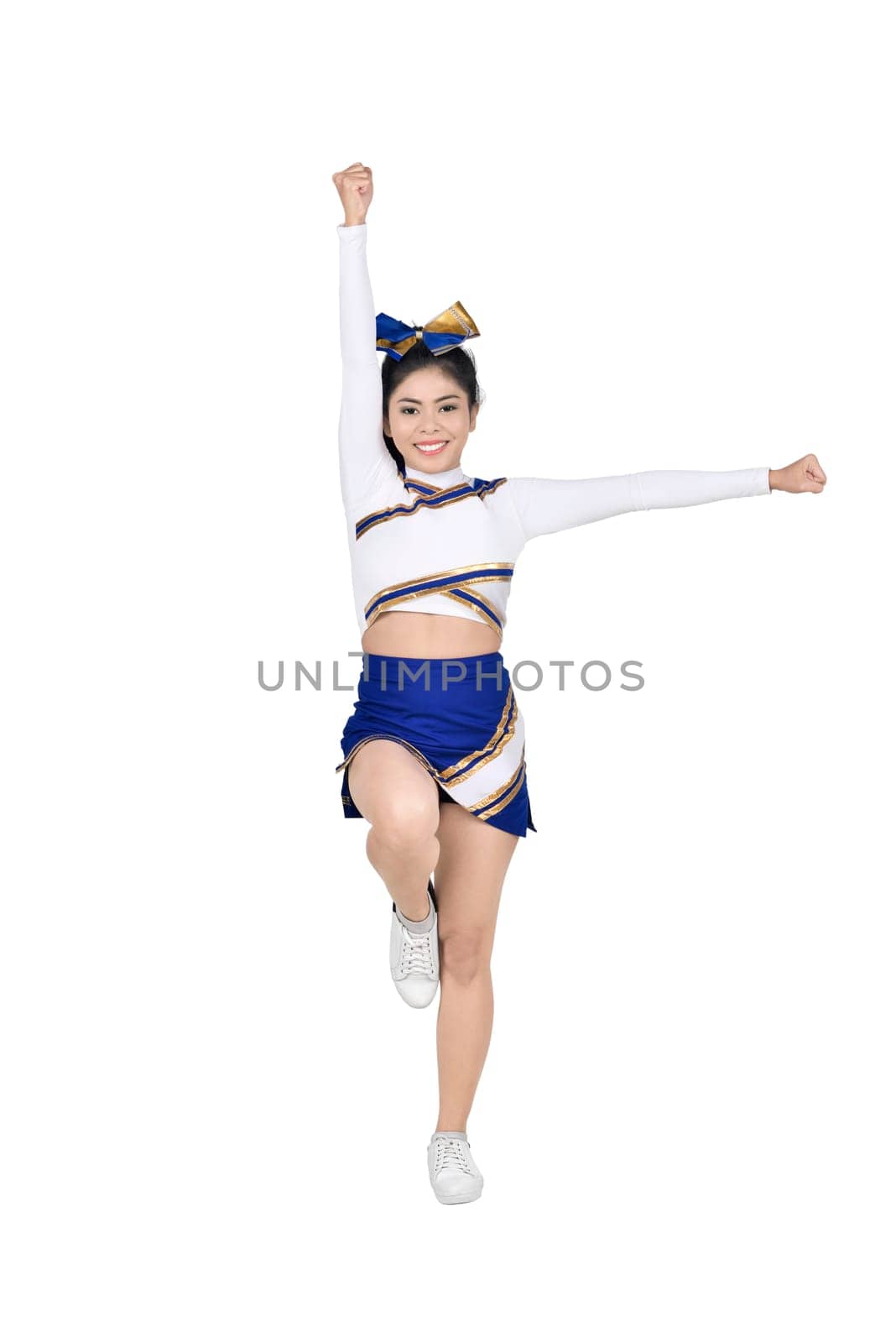 Images of asian cheerleader performing with white and blue suit posing isolated over white background