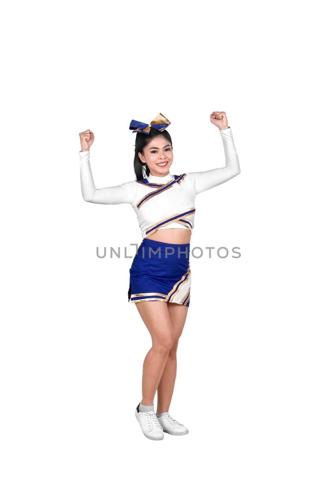 Portrait of asian cheerleader in blue and white suit isolated over white background