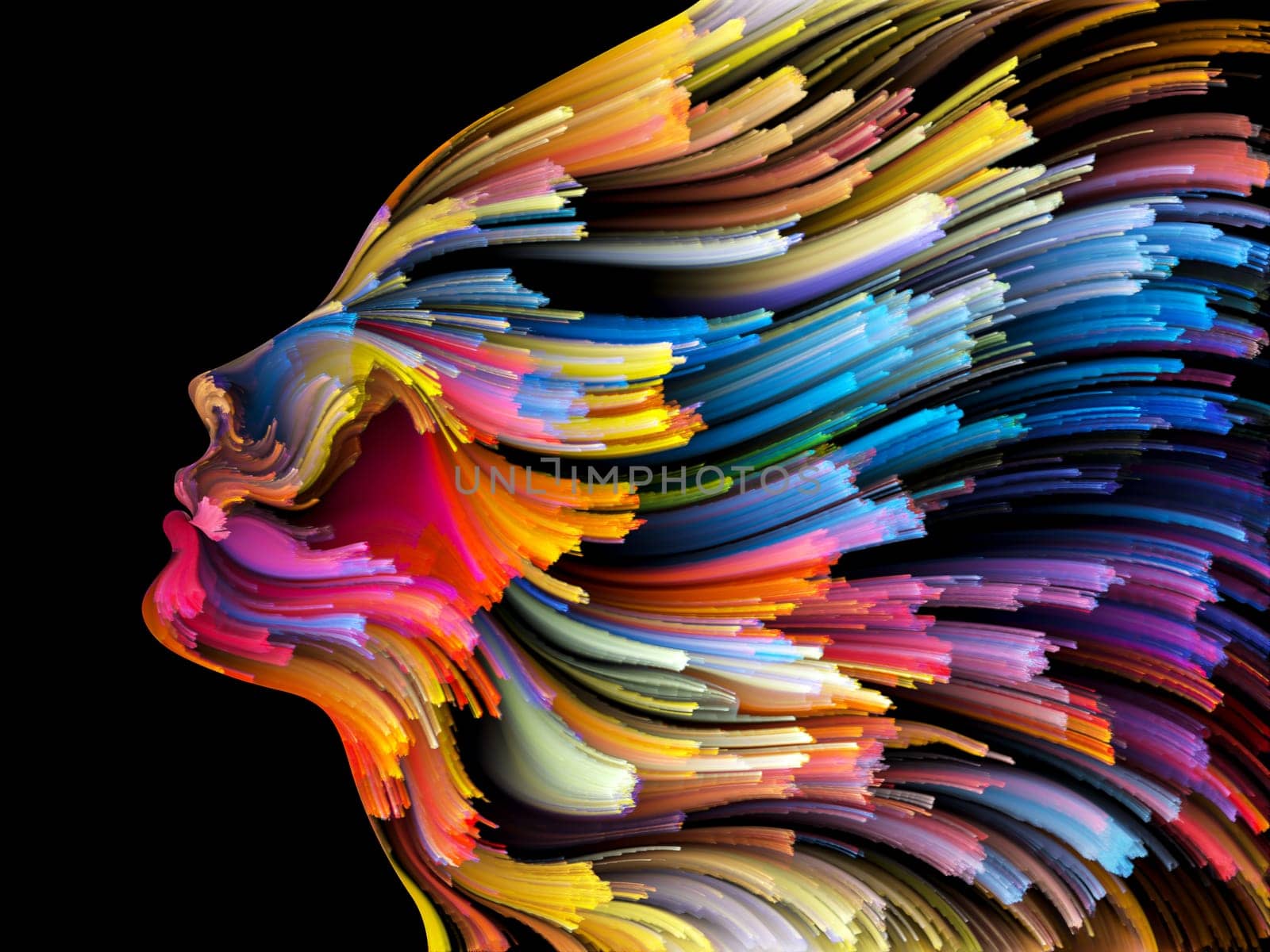 Face of Color series. Arrangement of human profile and colorful lines of moving paint on the subject of creativity, design, internal world, human nature and artistic soul