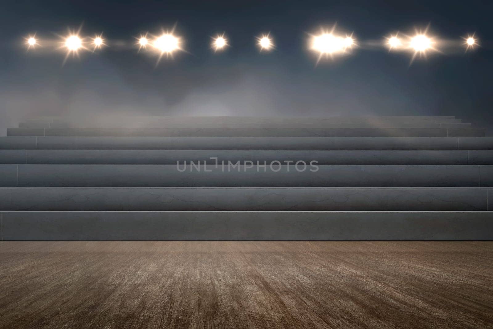 Empty tribune with spotlights on the gym