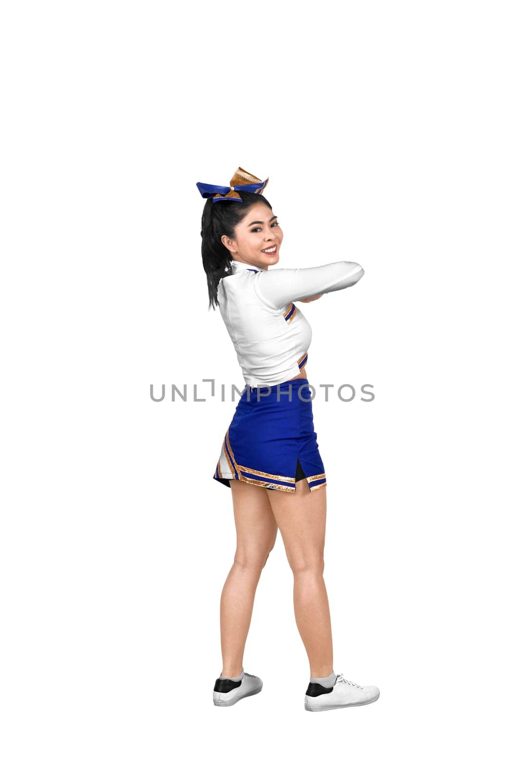 Images of asian cheerleader wearing white and blue suit posing isolated over white background