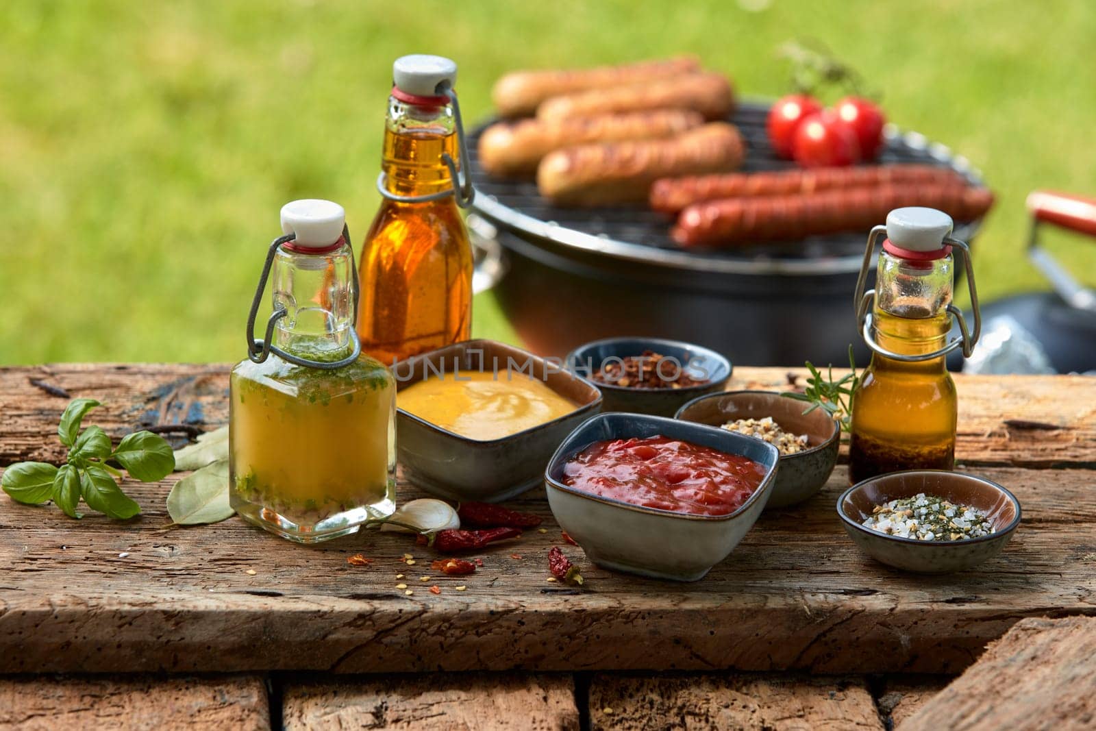 Assorted condiments and spices for a summer barbecue on a rustic wood picnic table outdoors in the garden with sausages grilling over a fire behind