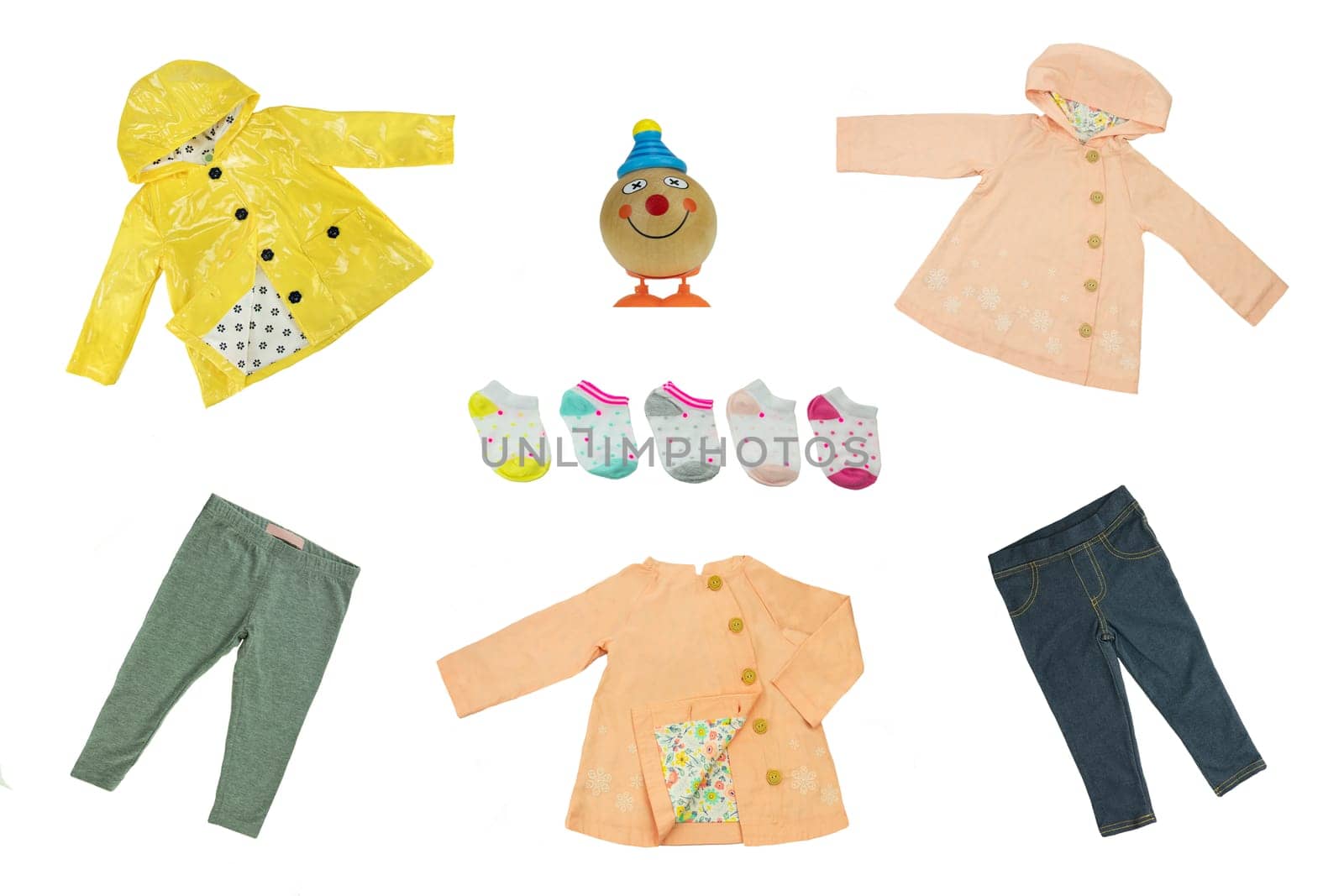 Collage set of children clothes. Concept spring and summer clothes. Isolated on white. Close up.