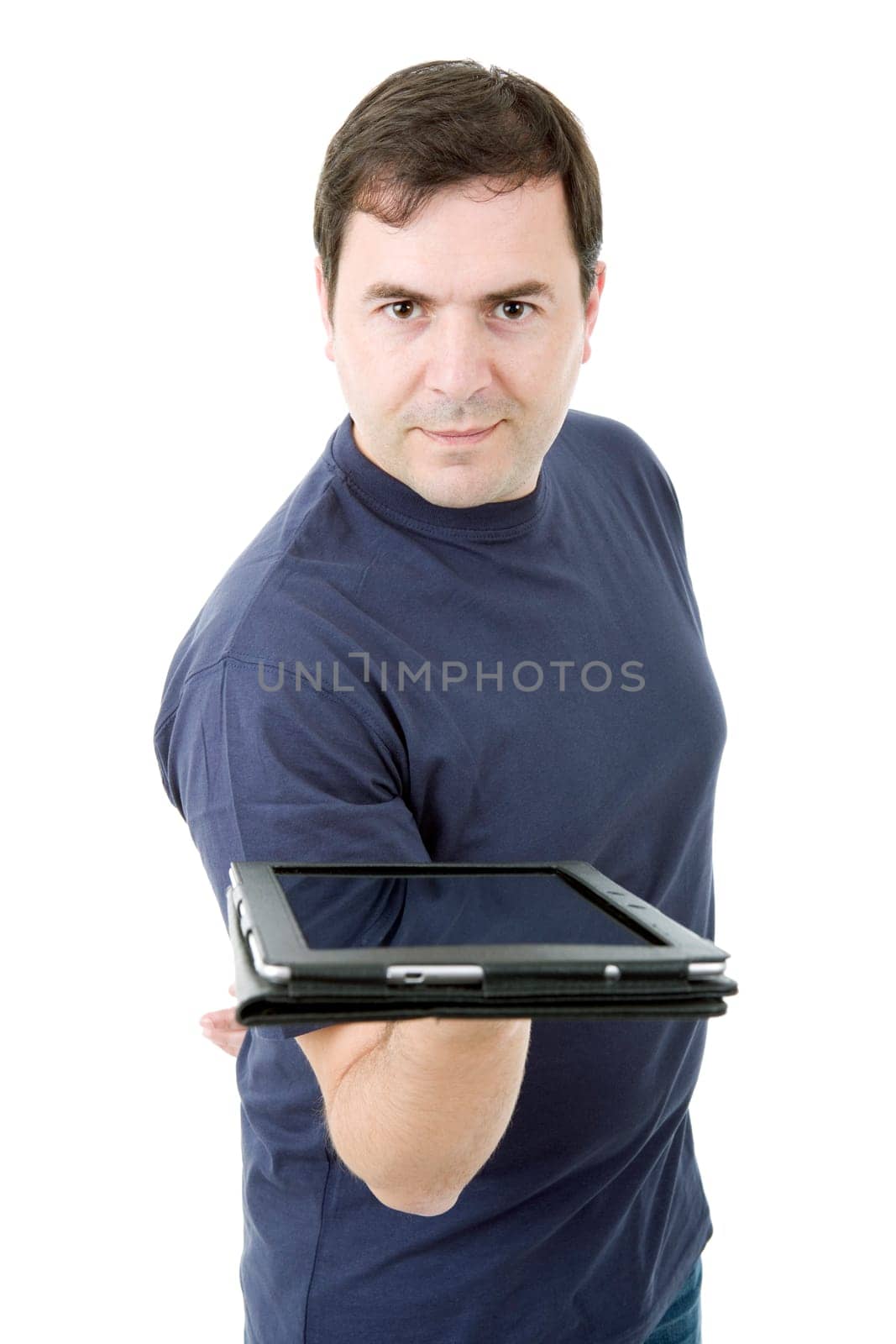 young casual man showing a digital tablet, isolated