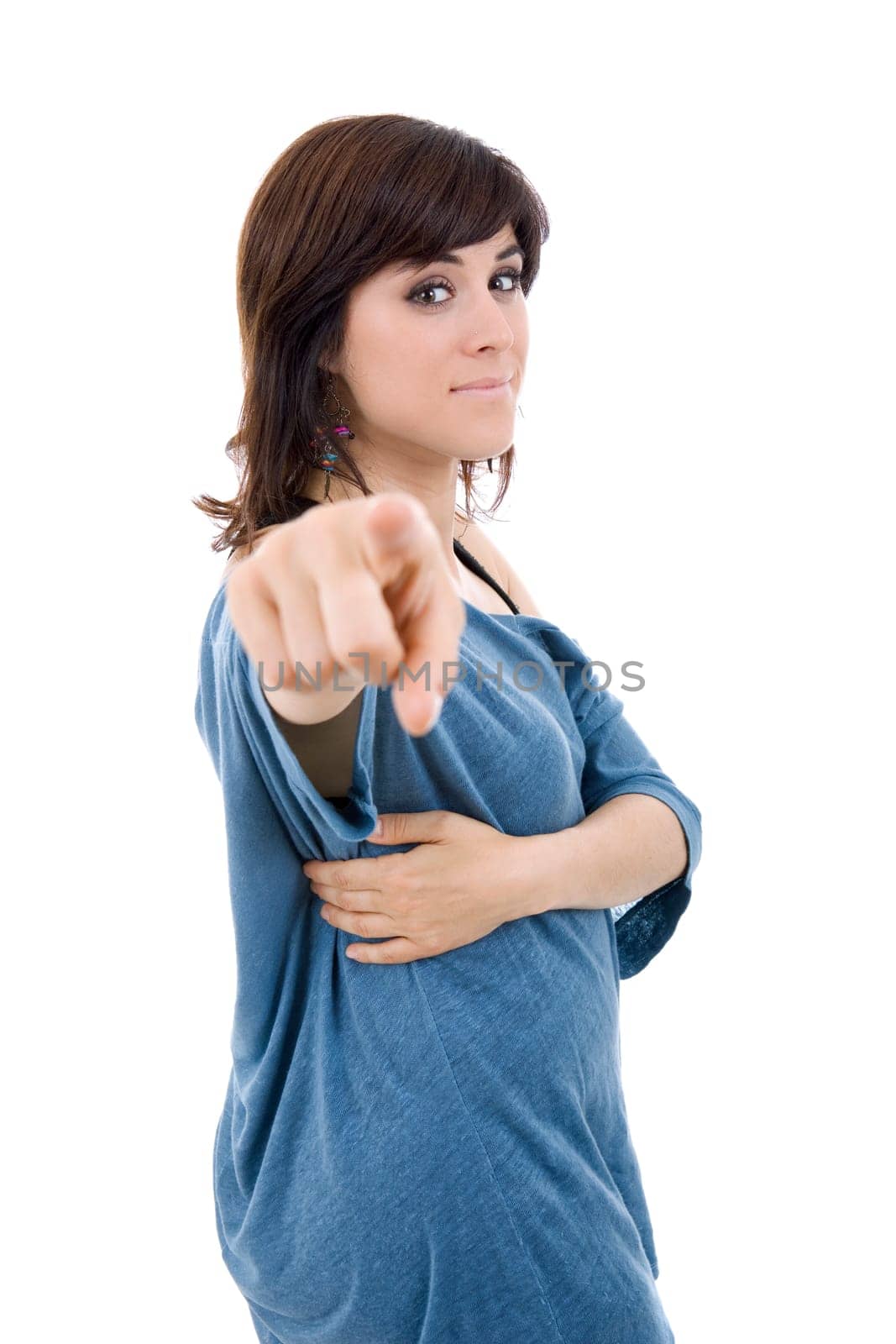 young happy beautiful woman pointing, isolated in white