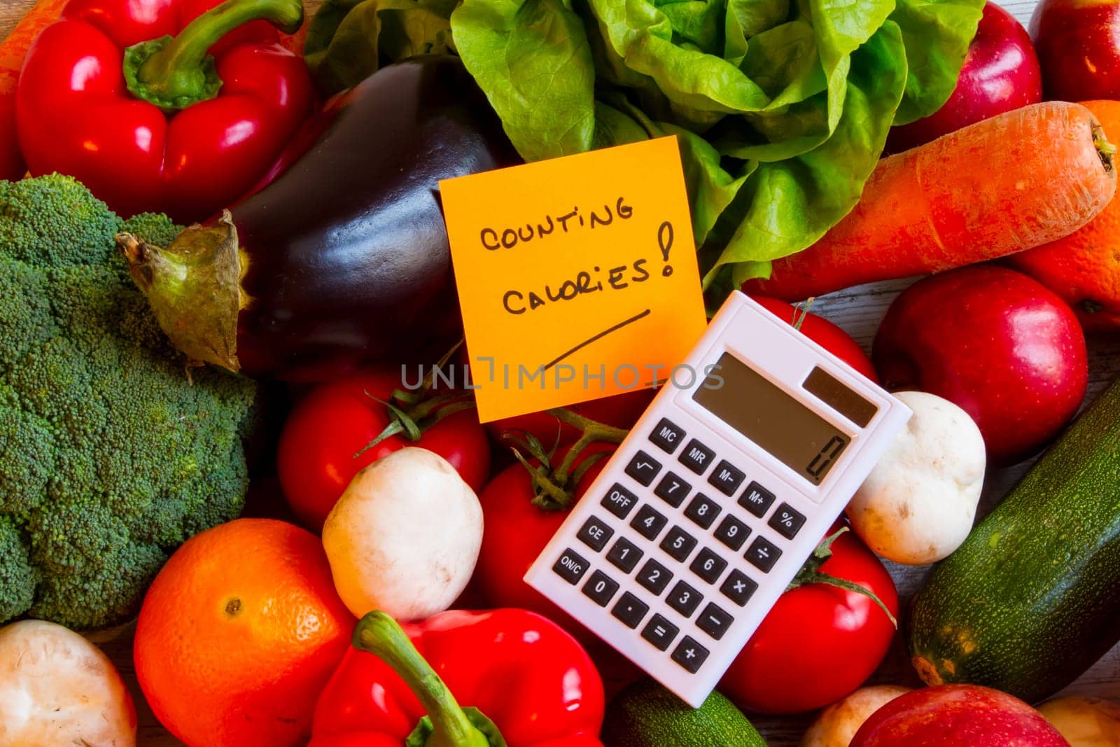 Counting calories, diet of  vegetables and fruits background.