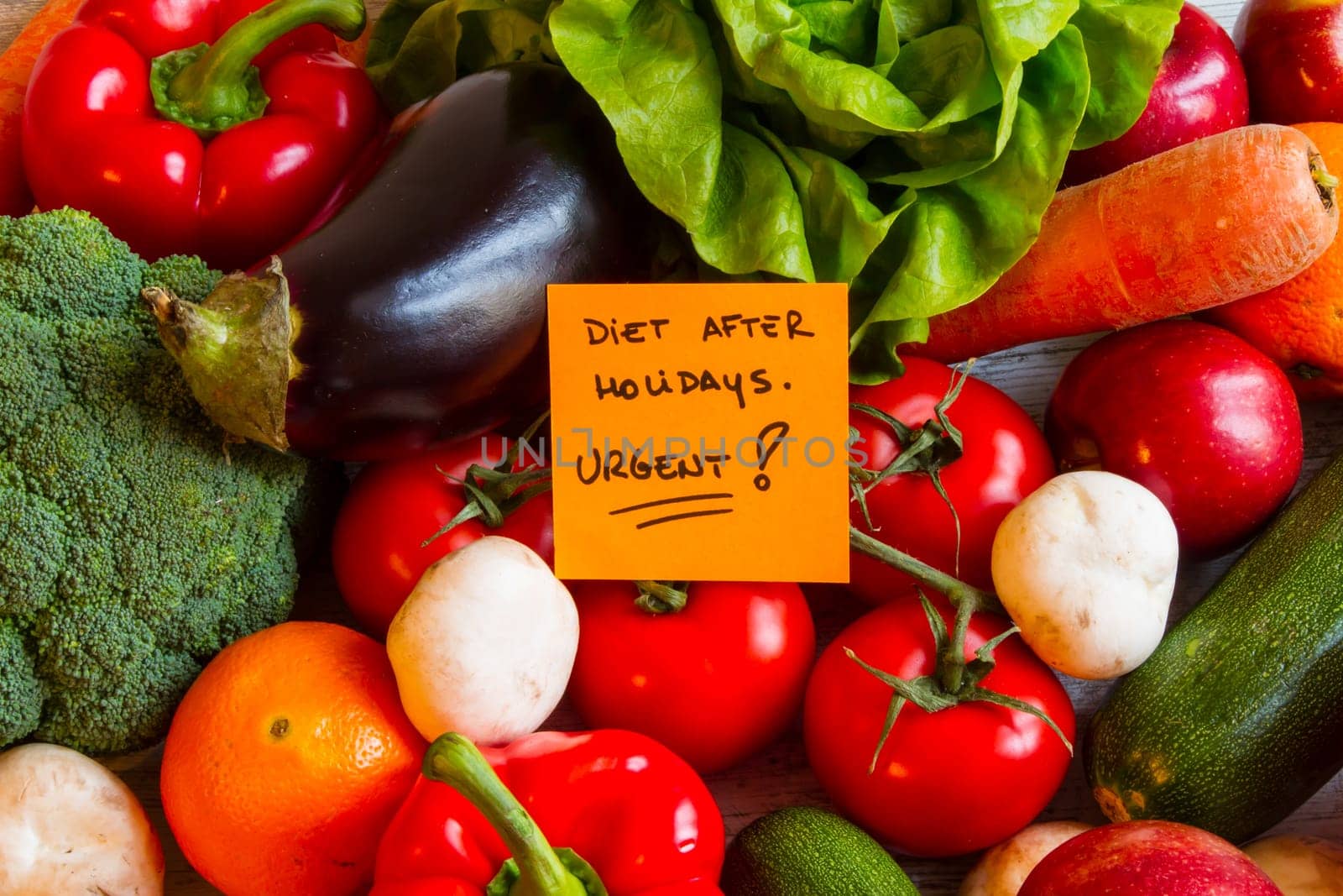 Diet after Holidays,  vegetables and fruits background.