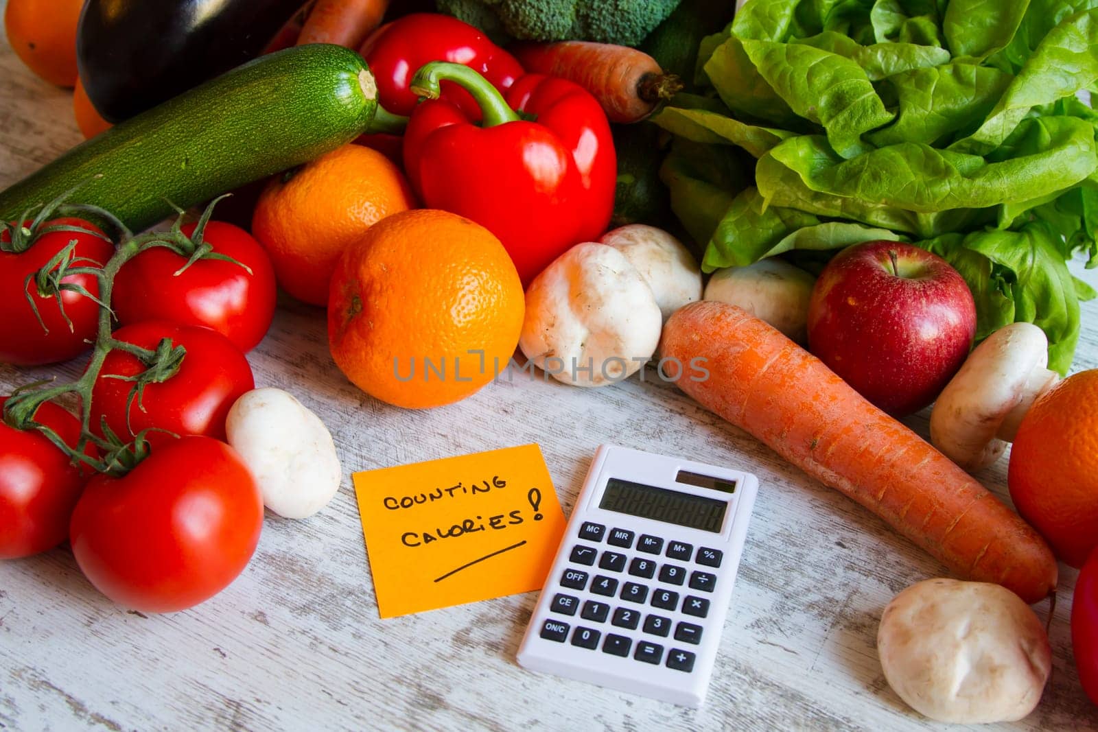 Counting calories, diet of  vegetables and fruits.