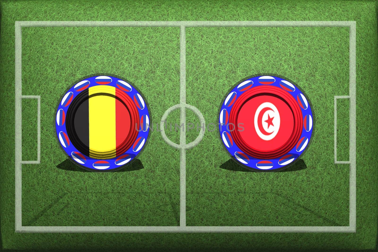 Football, World Cup 2018, game Group G, Belgium - Tunisia, Saturday, June 23, Button with national flags on the green grass.