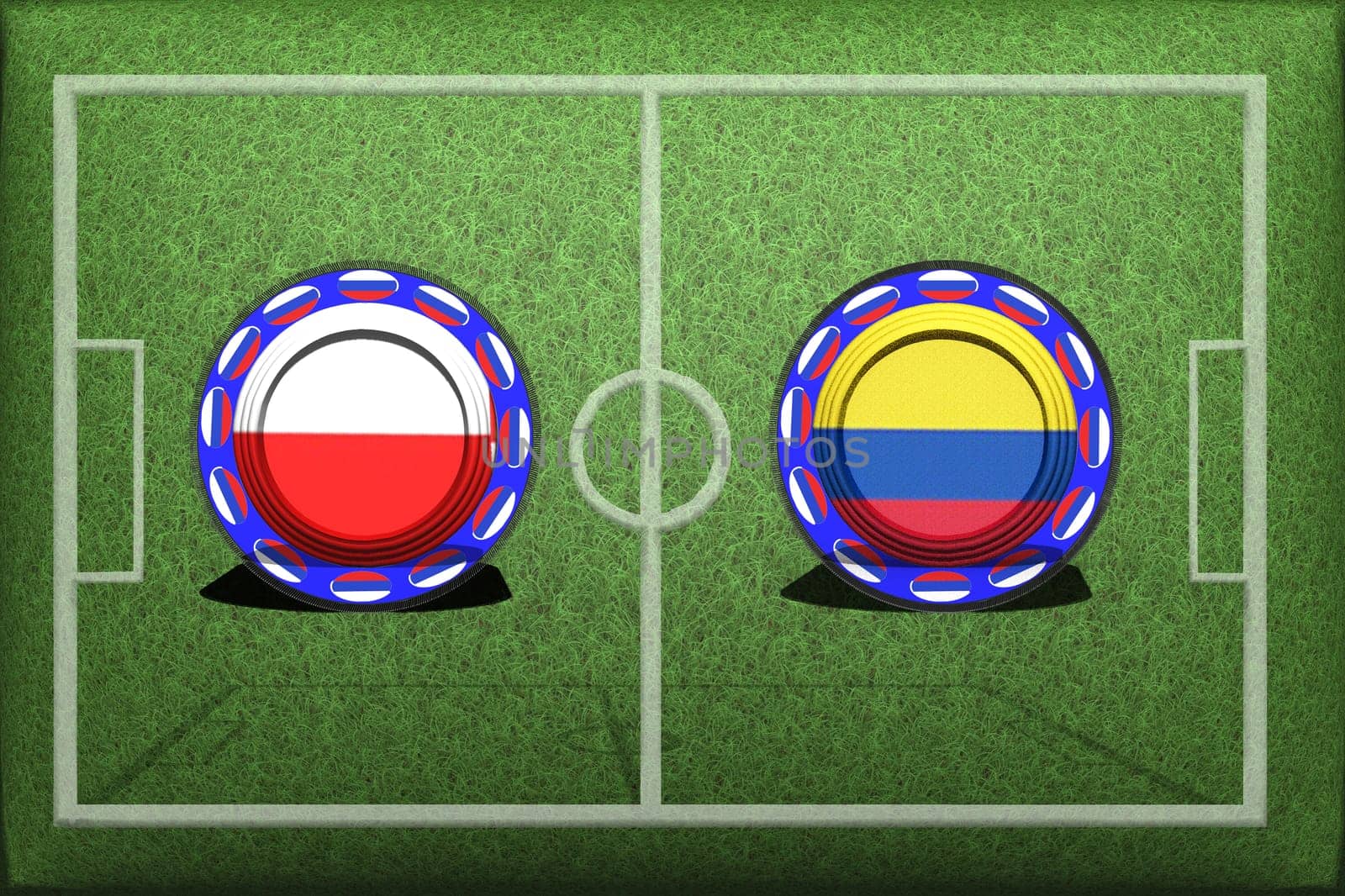 Football, World Cup 2018, Game Group H, Poland - Colombia, Sunday, June 24, Button with national flags on the green grass..