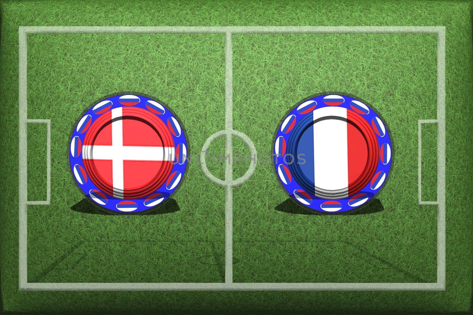Football, World Cup 2018, Game Group C, Denmark France, Tuesday, June 26, Button with national flags on the green grass.
