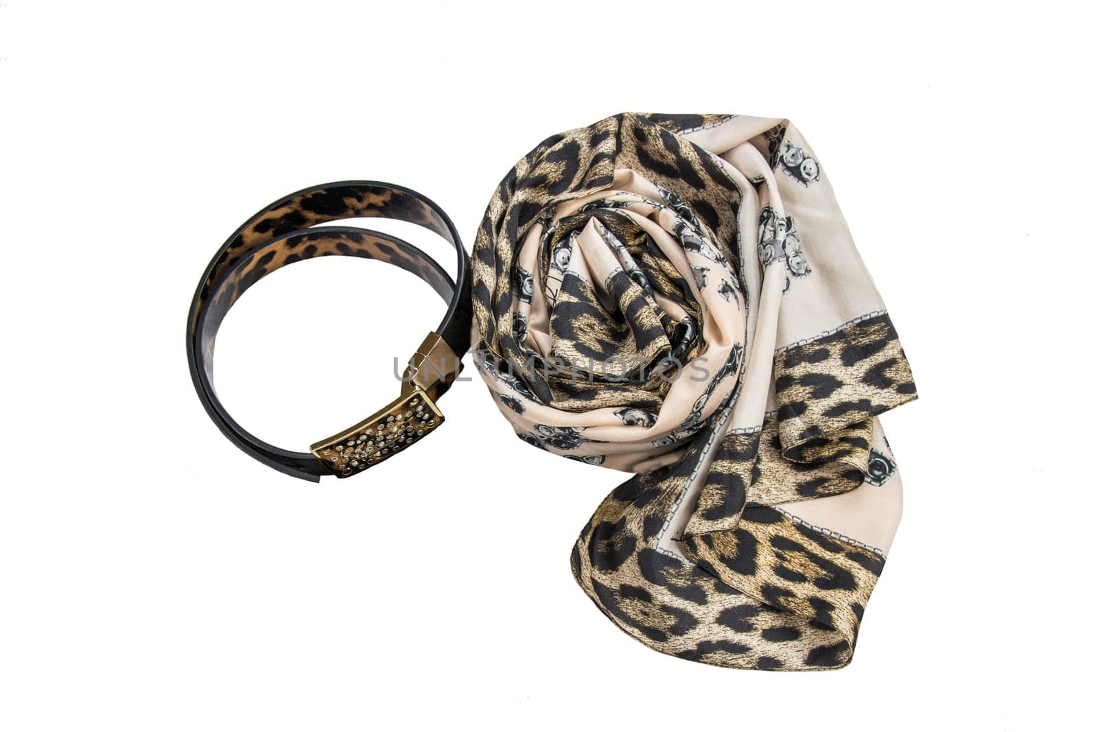 Womans fashions accessories. A luxurious beautiful leather belt and a matching scarf isolated on white background. Space.