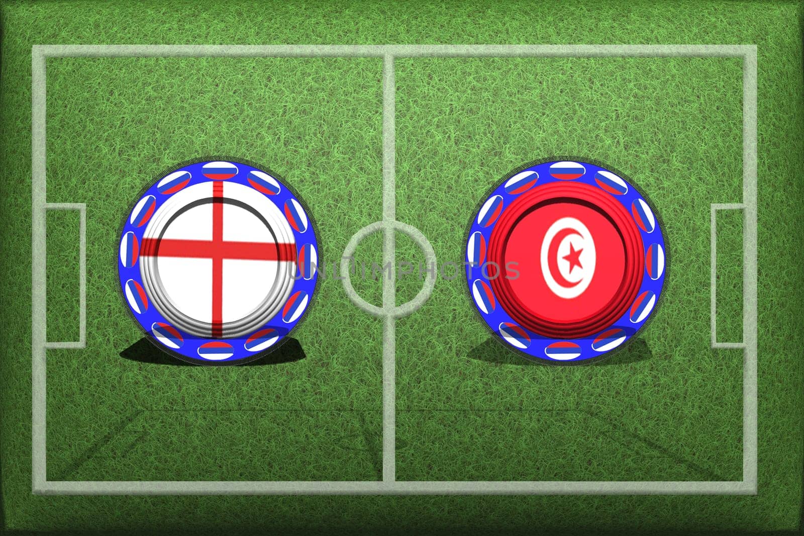 Football, World Cup 2018, Game Group G, Panama - Tunisia, Thursday, June 28, Button with national flags on the green grass.