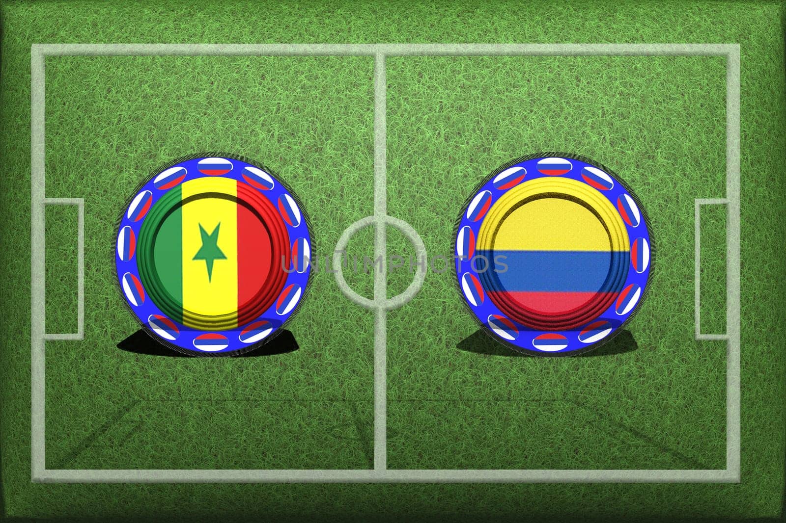 Football, World Cup 2018, Game Group H, Senegal - Colombia, Thursday, June 28, Button with national flags on the green grass.
