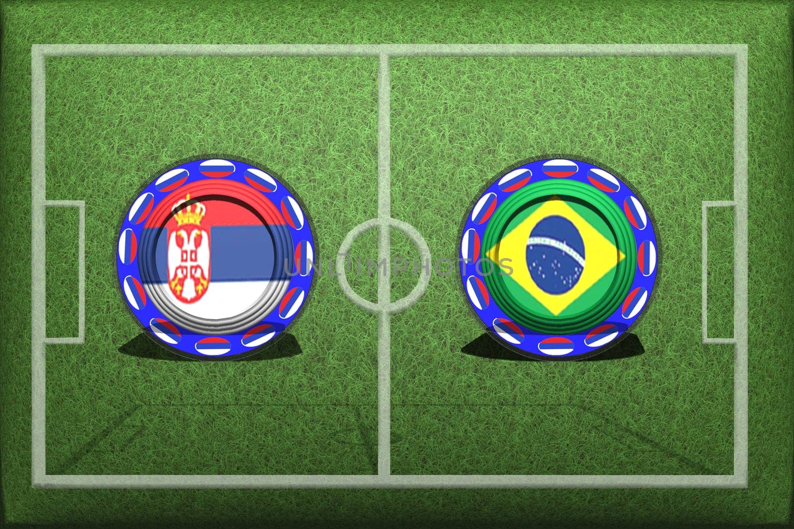 Football, World Cup 2018, game Group E, Serbia - Brazil, Wednesday, June 27, Button with national flags on the green grass.