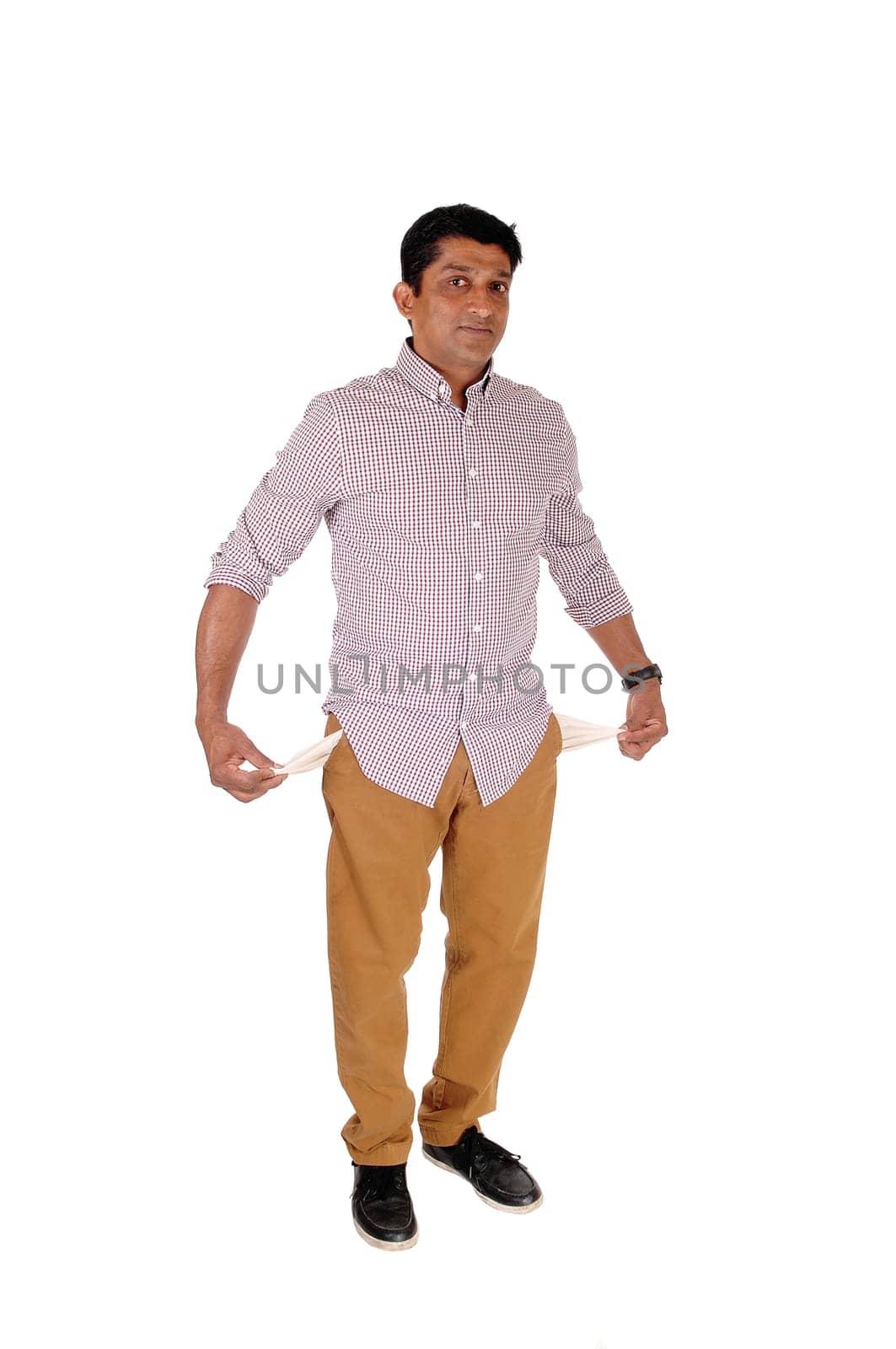 A full lengths image of an Asian man showing the empty.pockets he is a very poor man, isolated for white background.