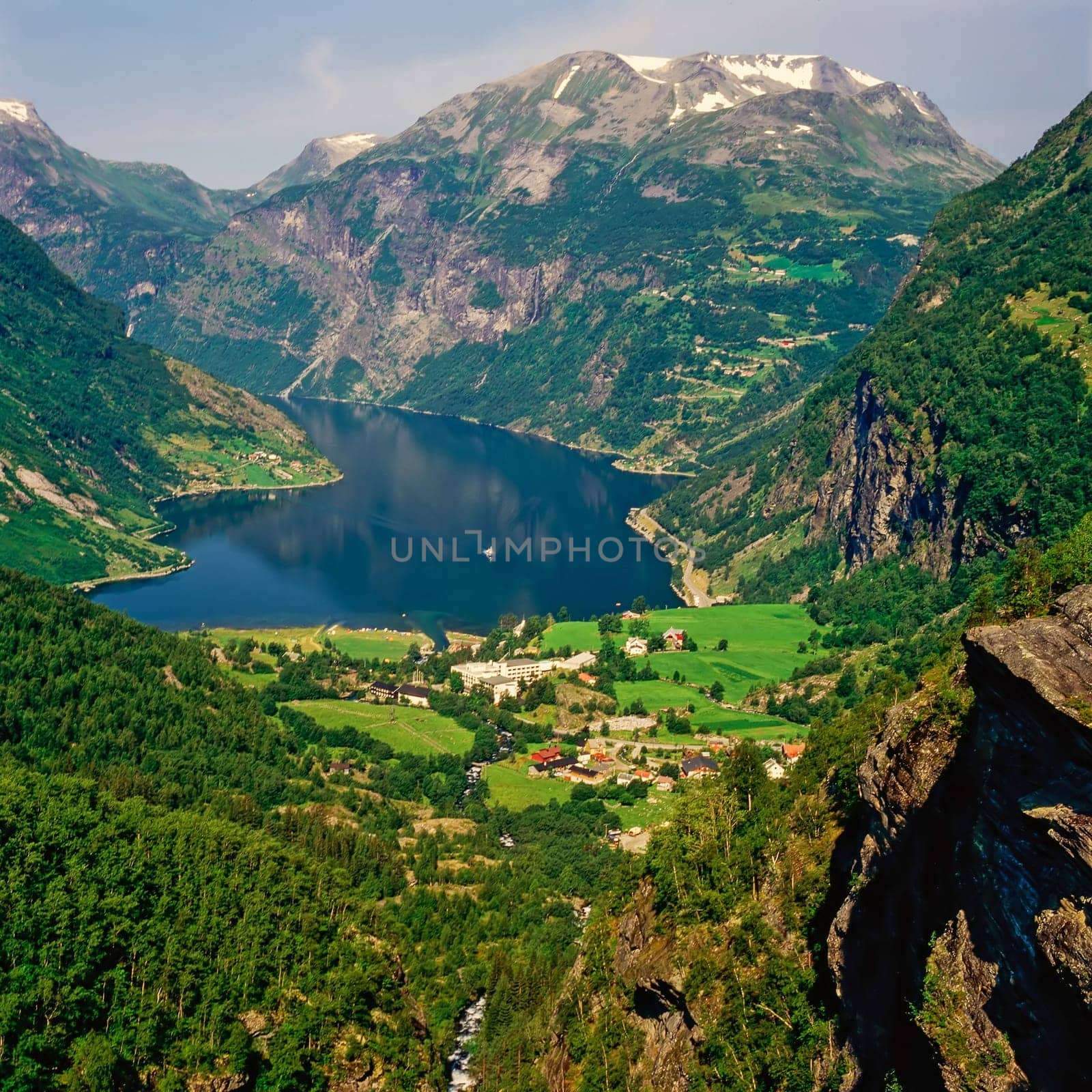 Geiranger Fjord with village in Norway