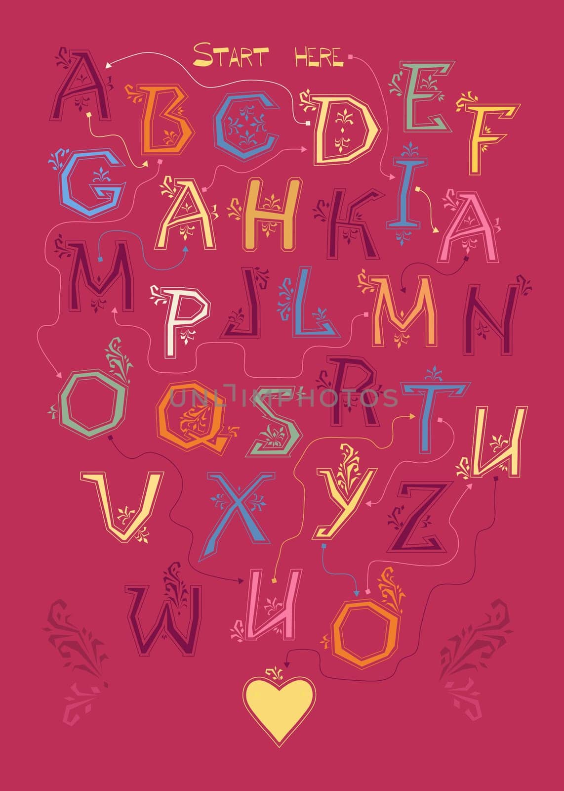 Artistic alphabet with encrypted romantic message I yearn for you. Yellow letters with floral decor. Watercolor graceful flowers and plants. Two red hearts are as the begining and the end of the message.  Illustration