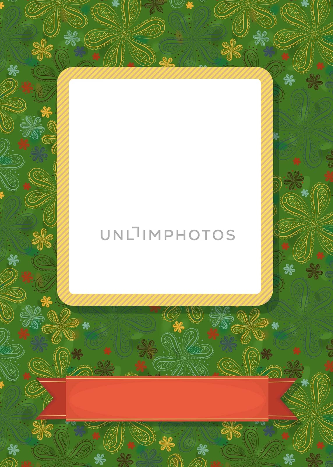 Graceful greeting card. Geometric floral pattern. Yellow frame for custom photo. Red banner for custom text. Green background