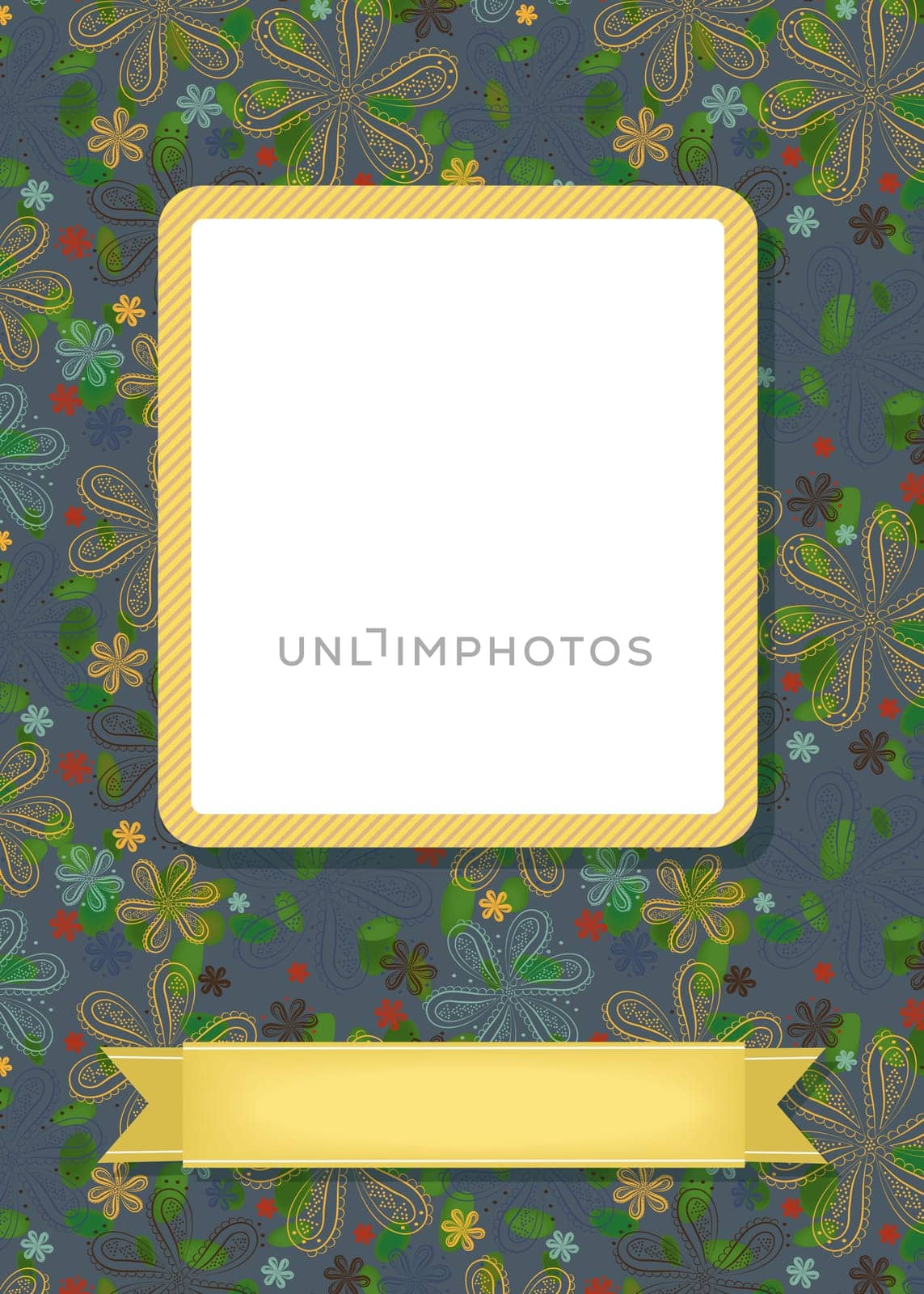 Graceful greeting card. Geometric colorful floral pattern. Yellow frame for custom photo. Yellow banner for custom text. Gray background
