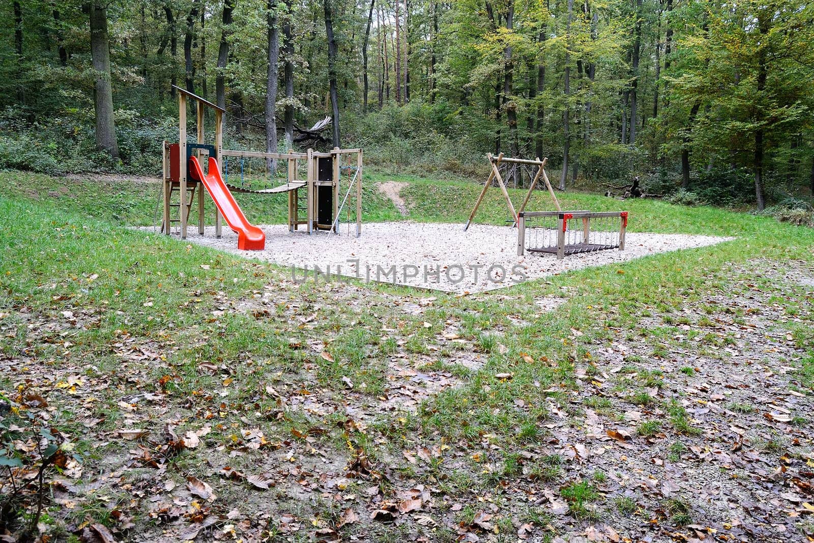 Children playground in autumn forest