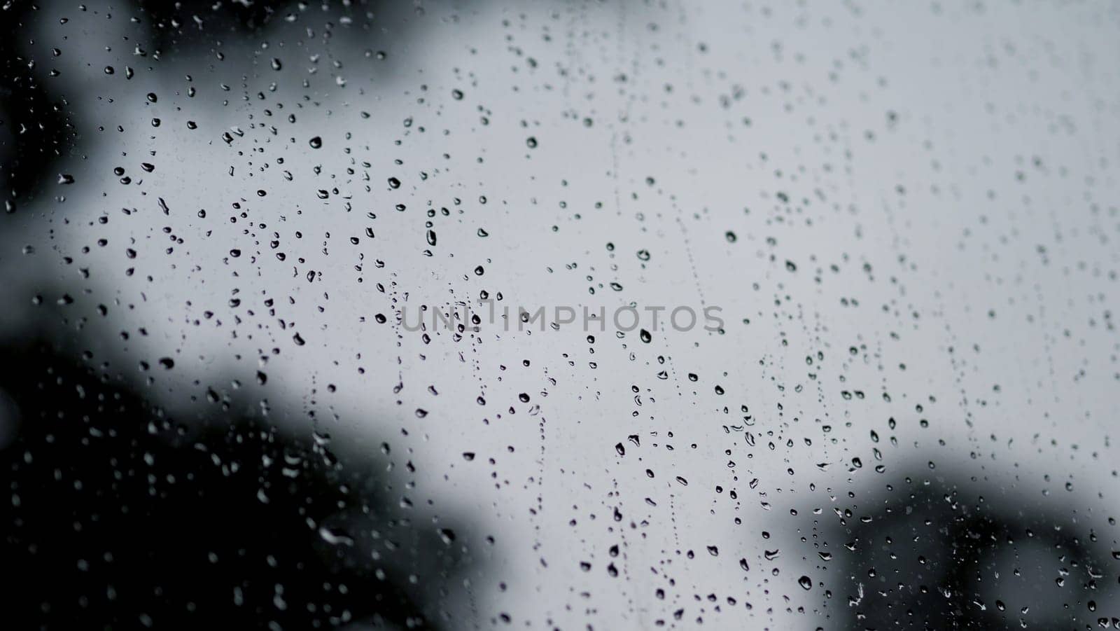 Raindrops texture on the glass window frame of cafe room and nature background in rainy season