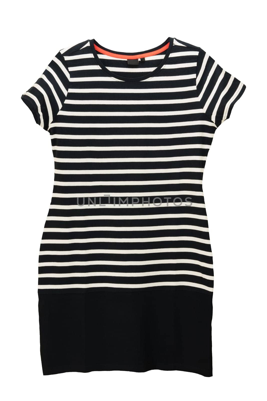 Fashionable summer clothes isolated on a white background. Black and white striped womans dress in marine style. Summer fashion.