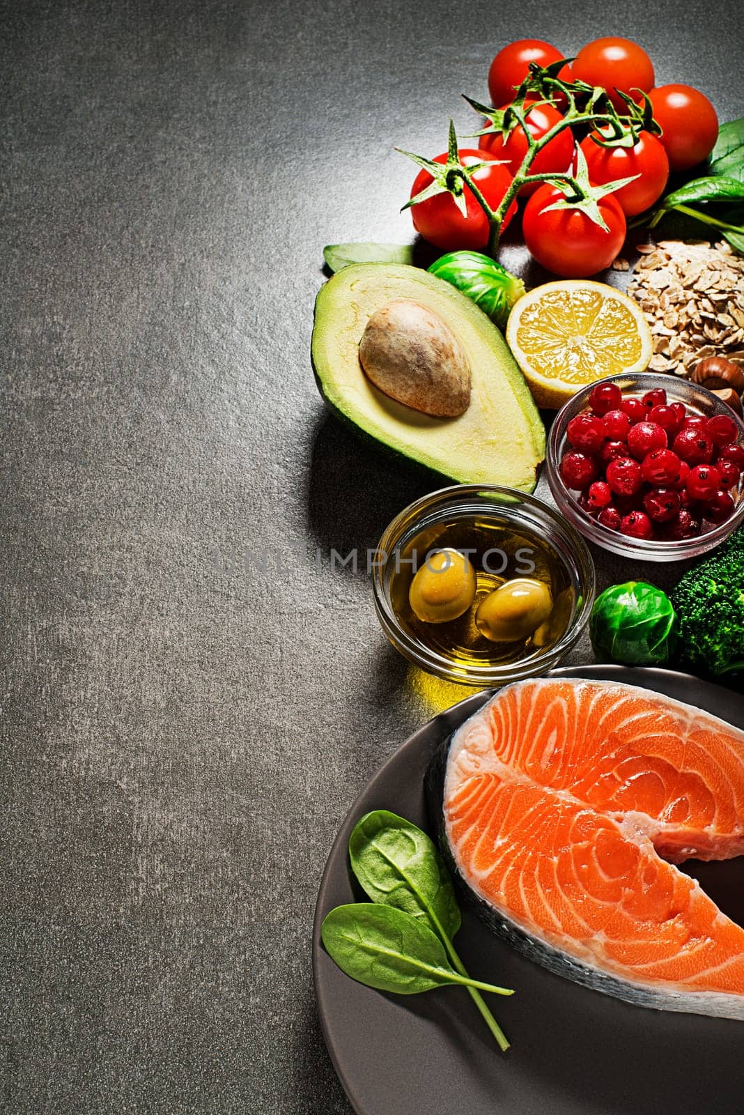 Selection of healthy food with salmon fish. Healthy diet foods for heart, cholesterol and diabetes.