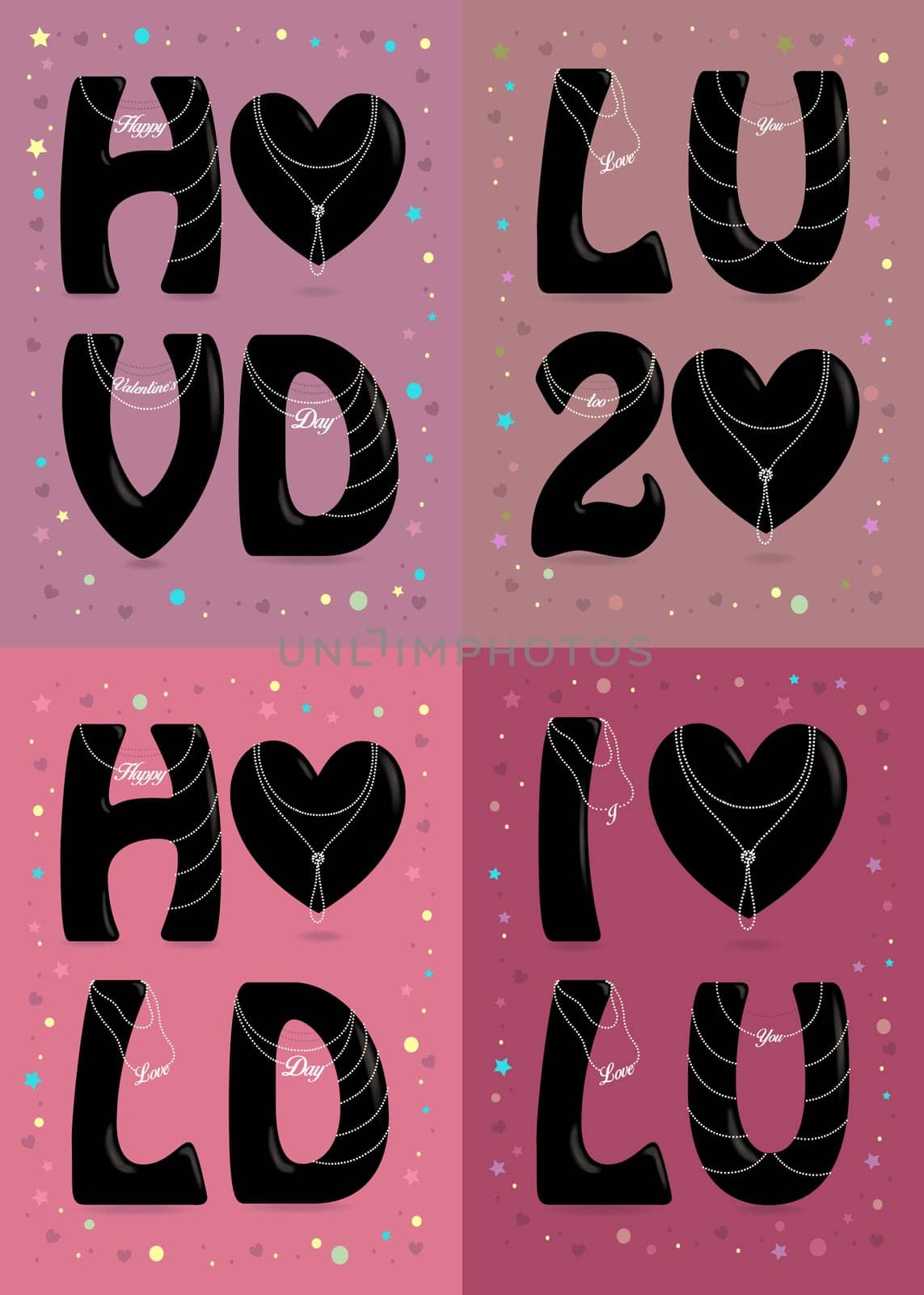 Four Festive Romantic Retro Cards with Black Abbreviations and Pearl Collars. White texts are as pendants - Happy Valentine Day, I love You, etc. Illustration