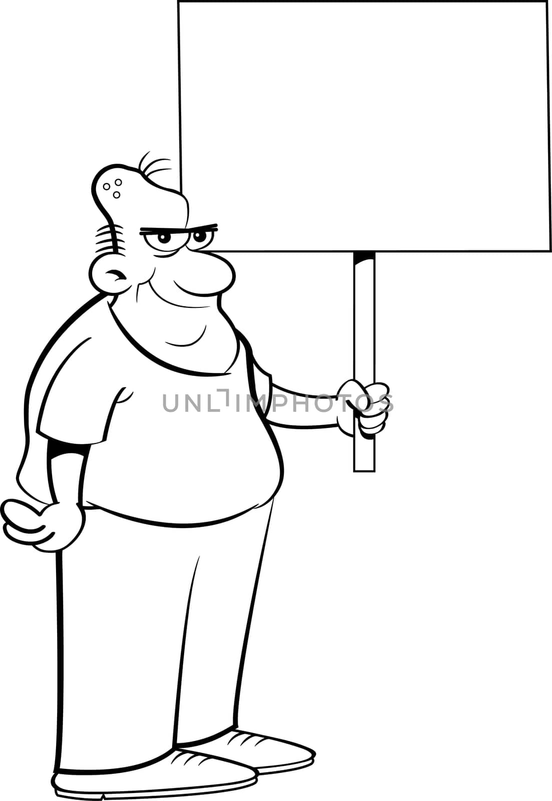 Black and white illustration of a zombie holding a sign.