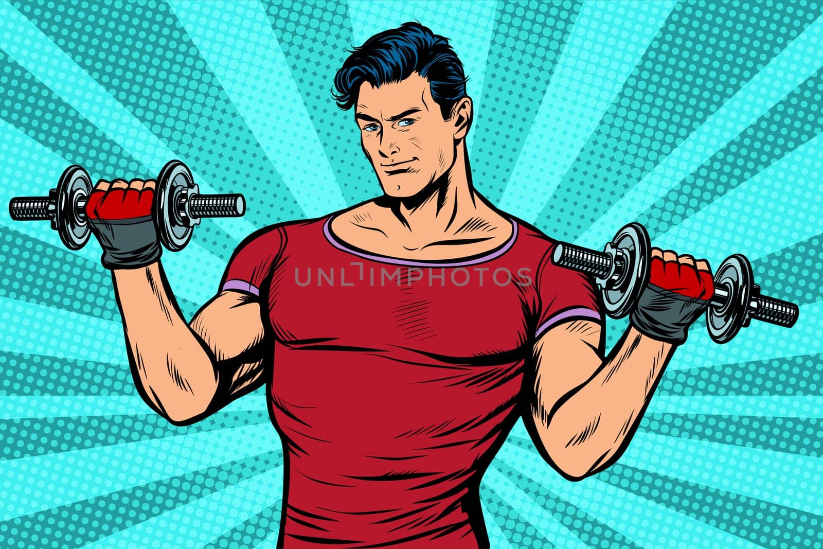 man with dumbbells, healthy lifestyle. Pop art retro vector illustration kitsch vintage drawing