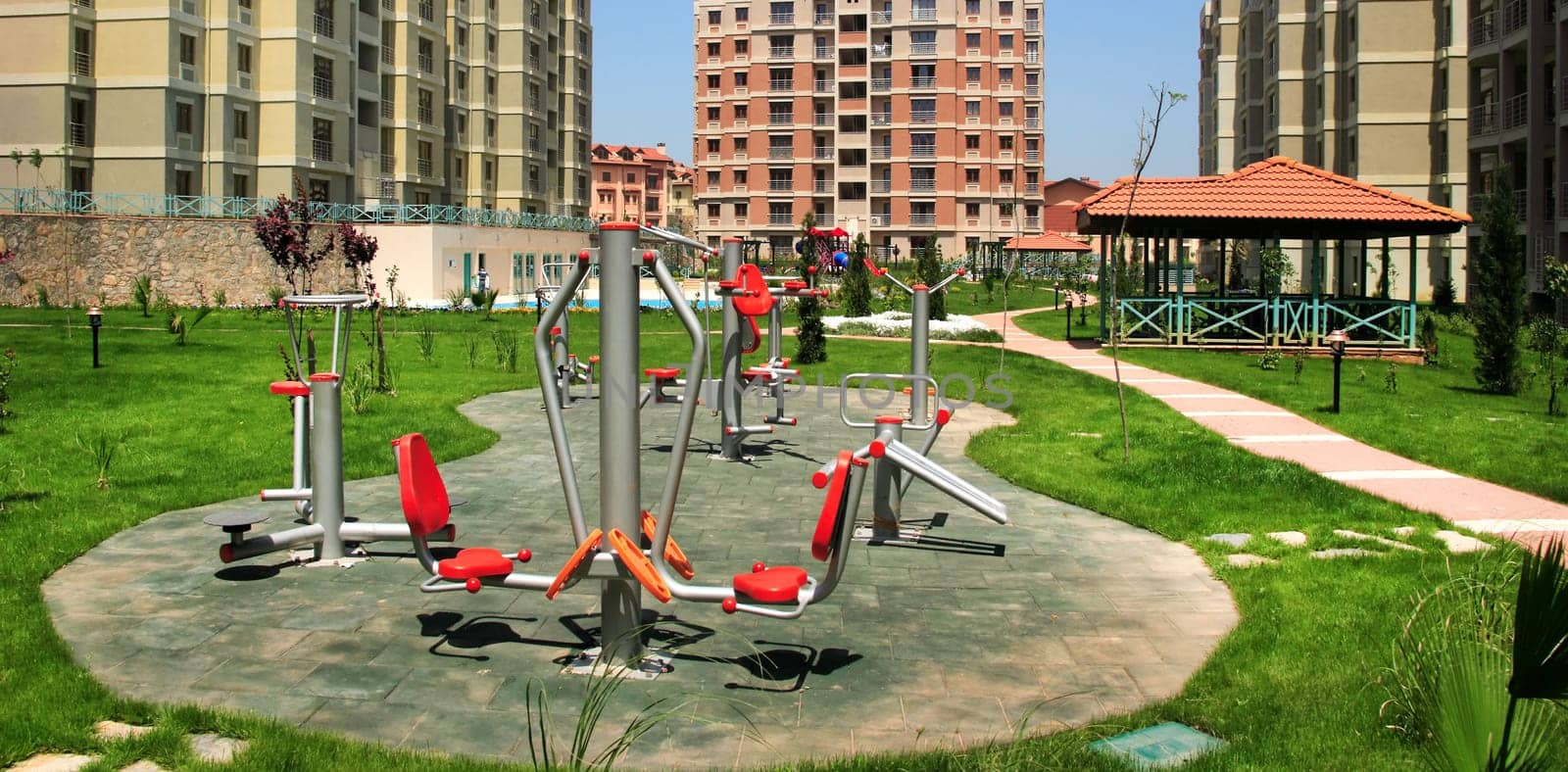 an elevated view of gymnastic apparatus in the park