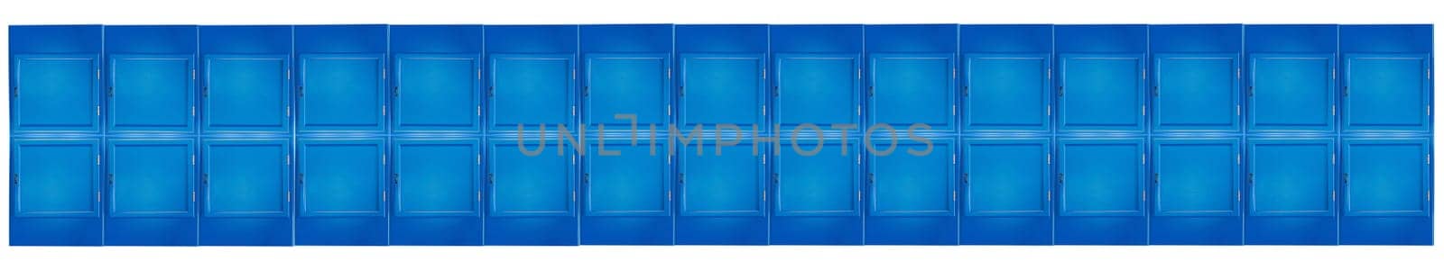 30 blue small cabinets, closet doors side by side and one above the other