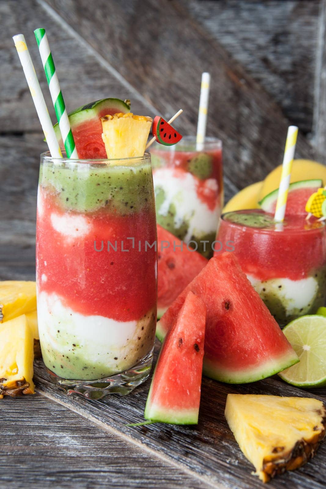 Colorful smoothie with fresh fruits and yogurt
