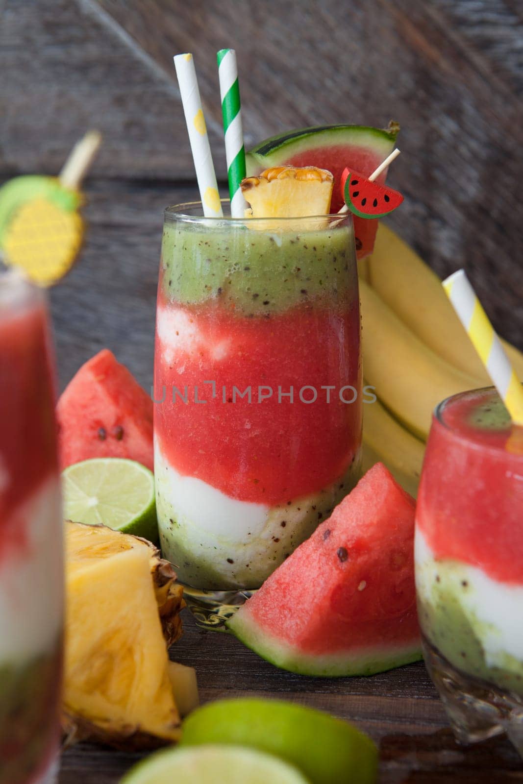 Colorful smoothie with fresh fruits and yogurt