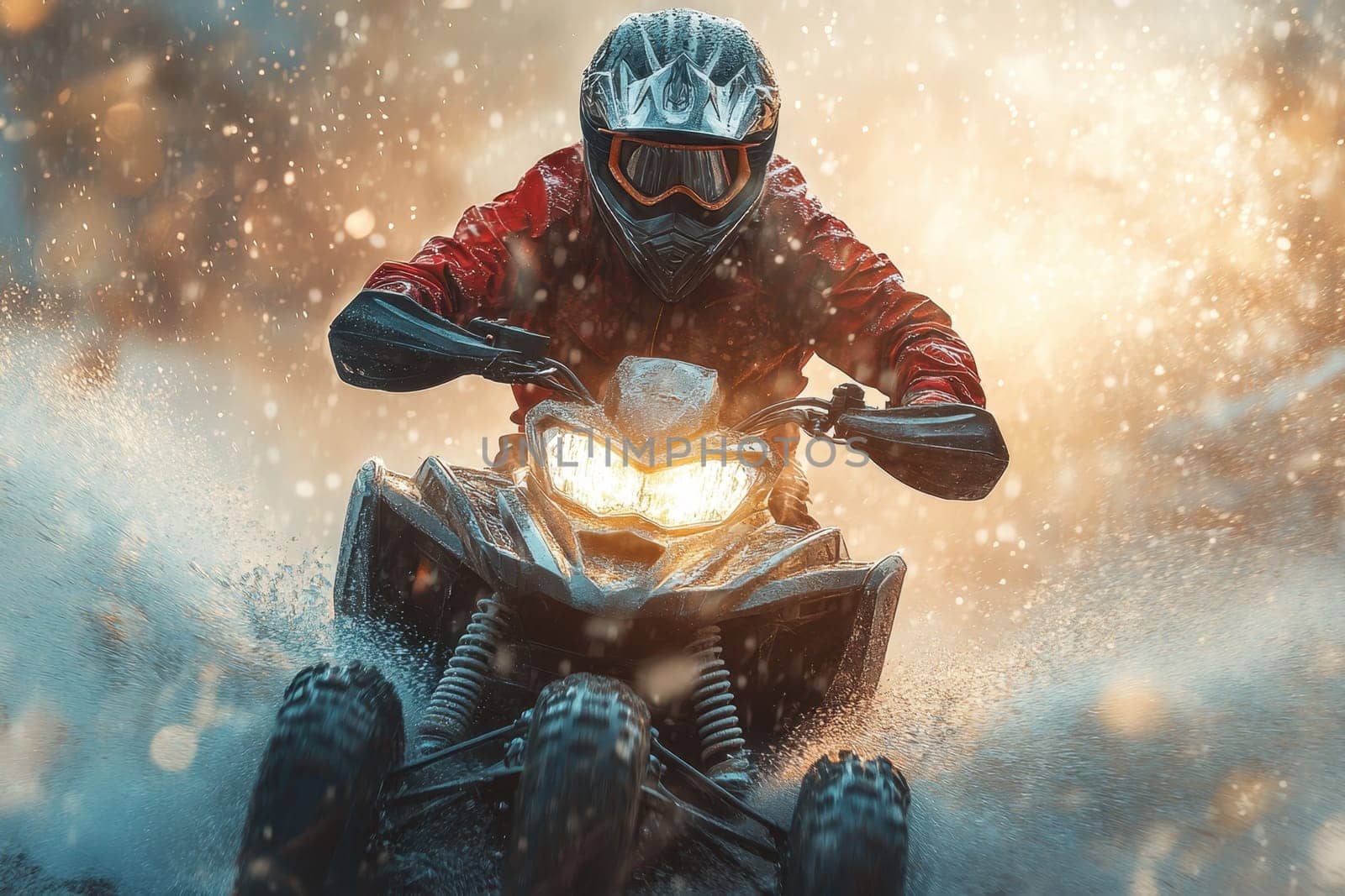 A rider in a red jacket speeds through muddy terrain on an all-terrain vehicle, creating large splashes as rain falls heavily. The atmosphere is dynamic and intense, showcasing the excitement of off-road adventure in wet conditions.