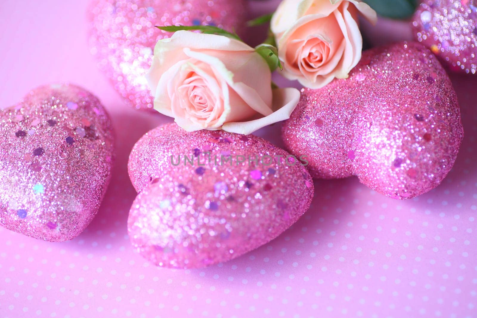 Glittery pink hearts on polka dots with miniature roses