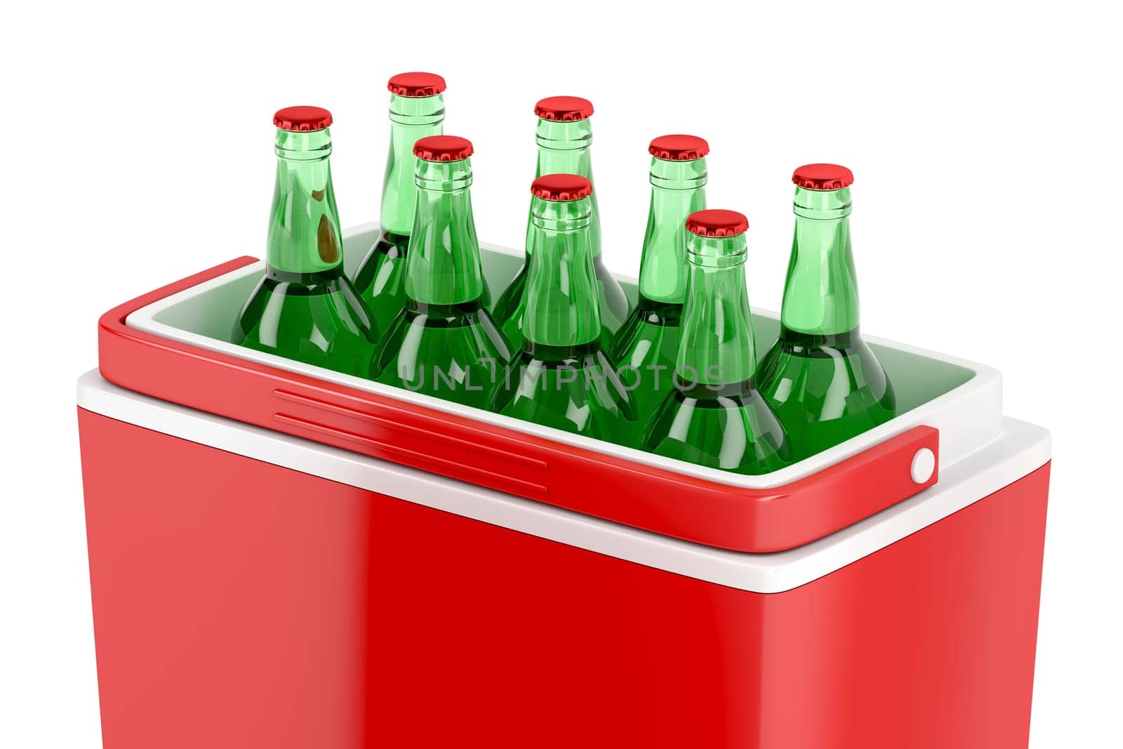 Red cooling box with beer bottles, 3D illustration