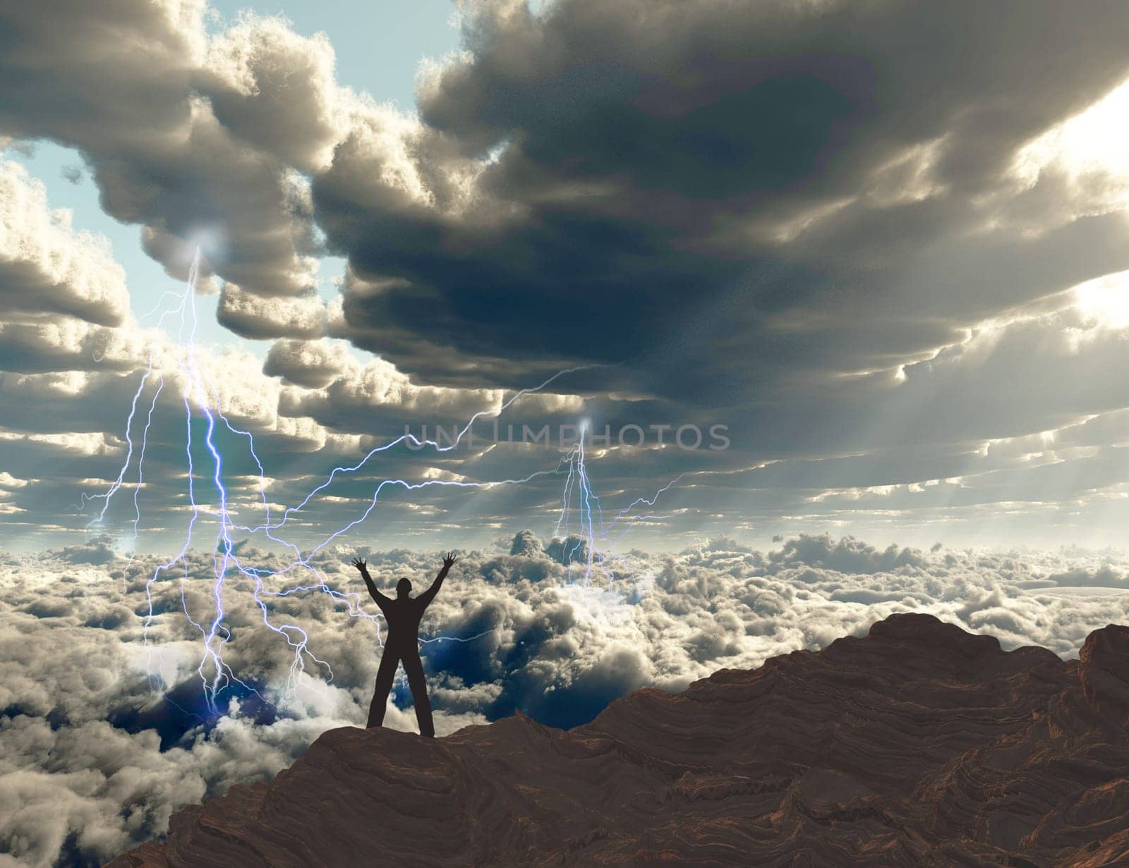 Man meets sunrise at the top of mountain