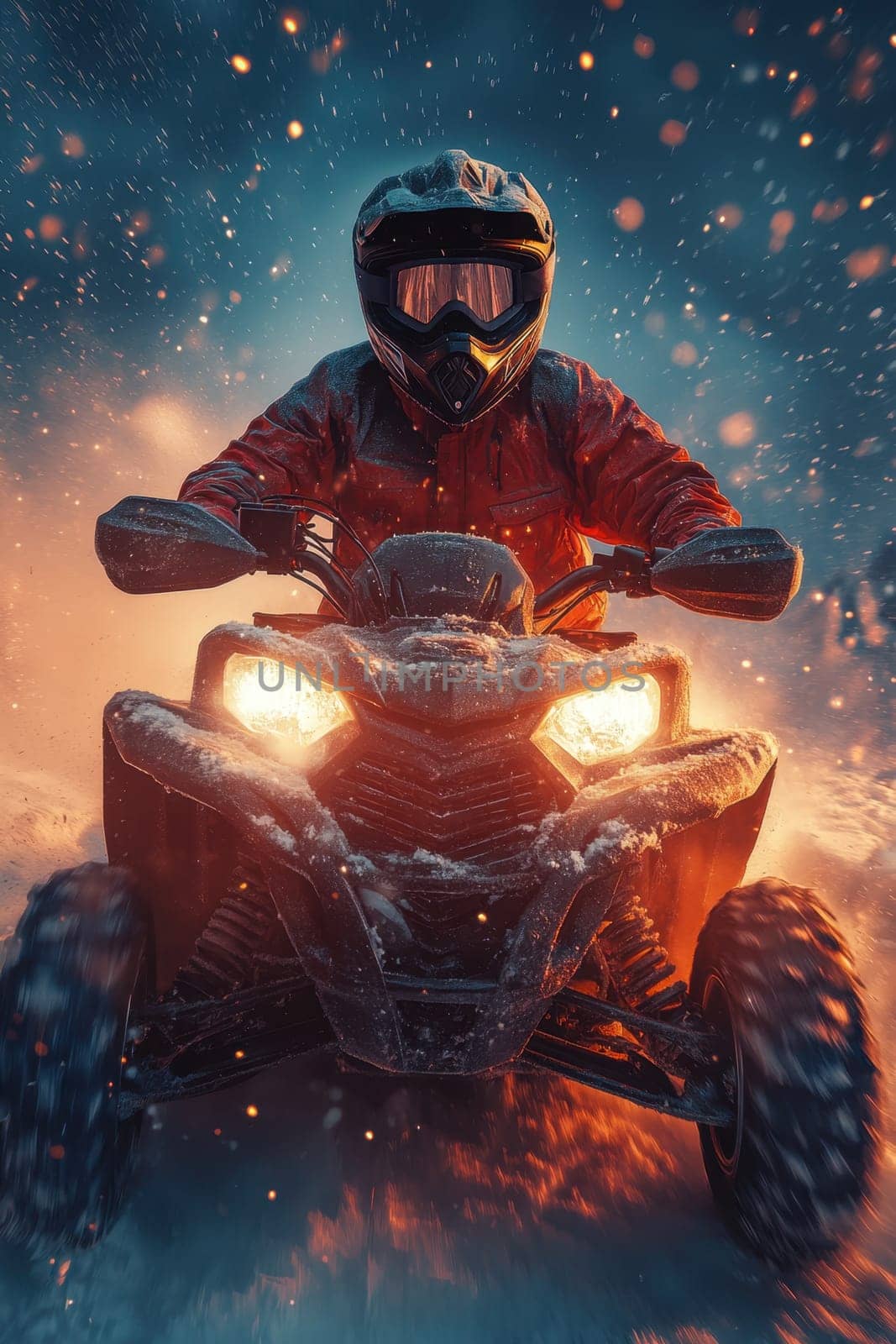 A rider dressed in warm gear navigates an all-terrain vehicle through a stunning snowy landscape at twilight. The headlights illuminate the snowflakes swirling around, creating a magical winter atmosphere.
