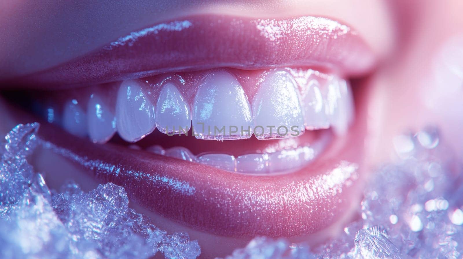 A vivid close-up of a smiling mouth reveals perfectly white teeth glistening with moisture, encapsulated in shimmering ice crystals. The playful contrast highlights the beauty of the smile and the refreshing chill.
