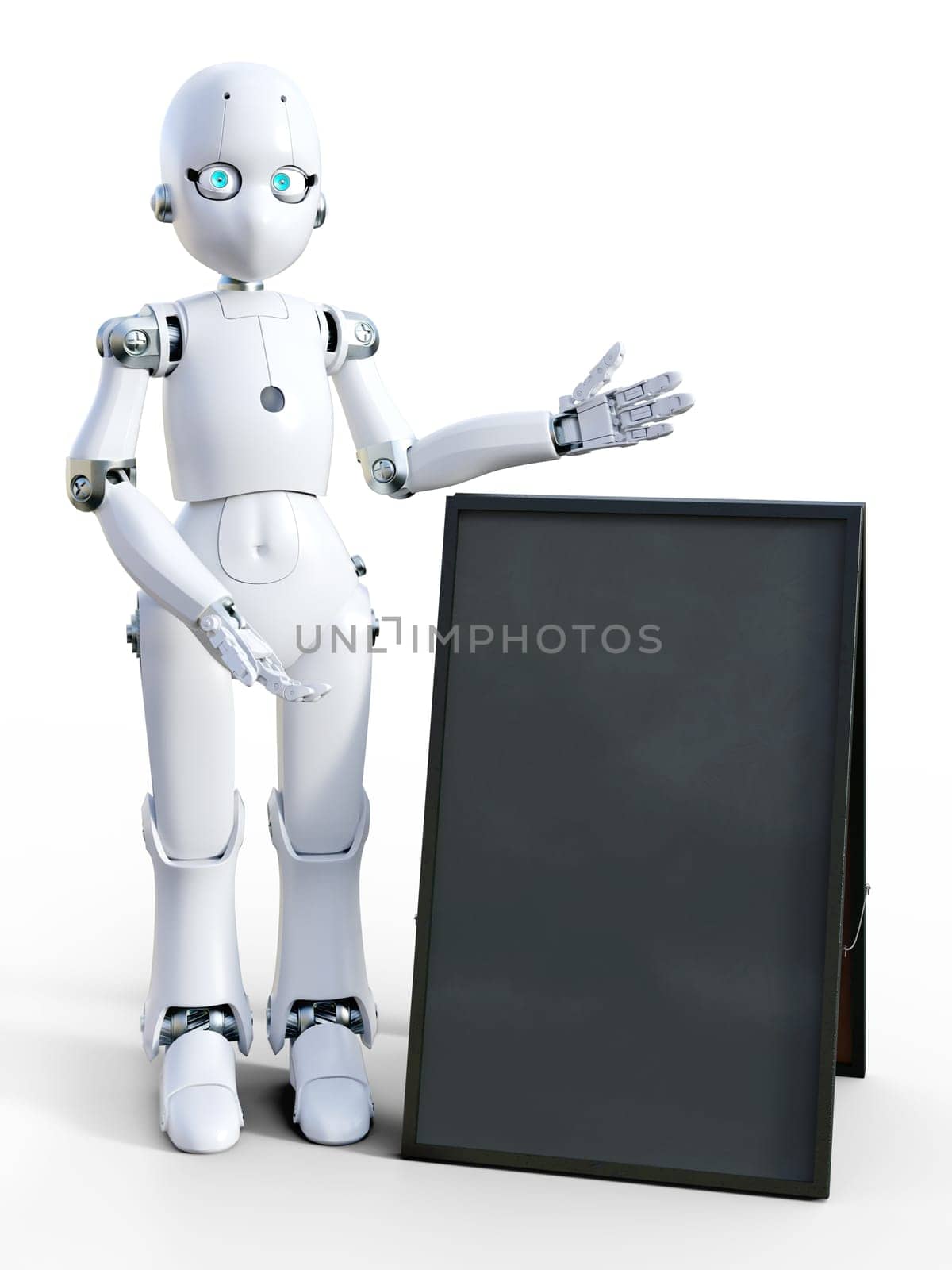 3D rendering of a white friendly cartoon robot standing next to a blank sandwich board and pointing to it. White background.