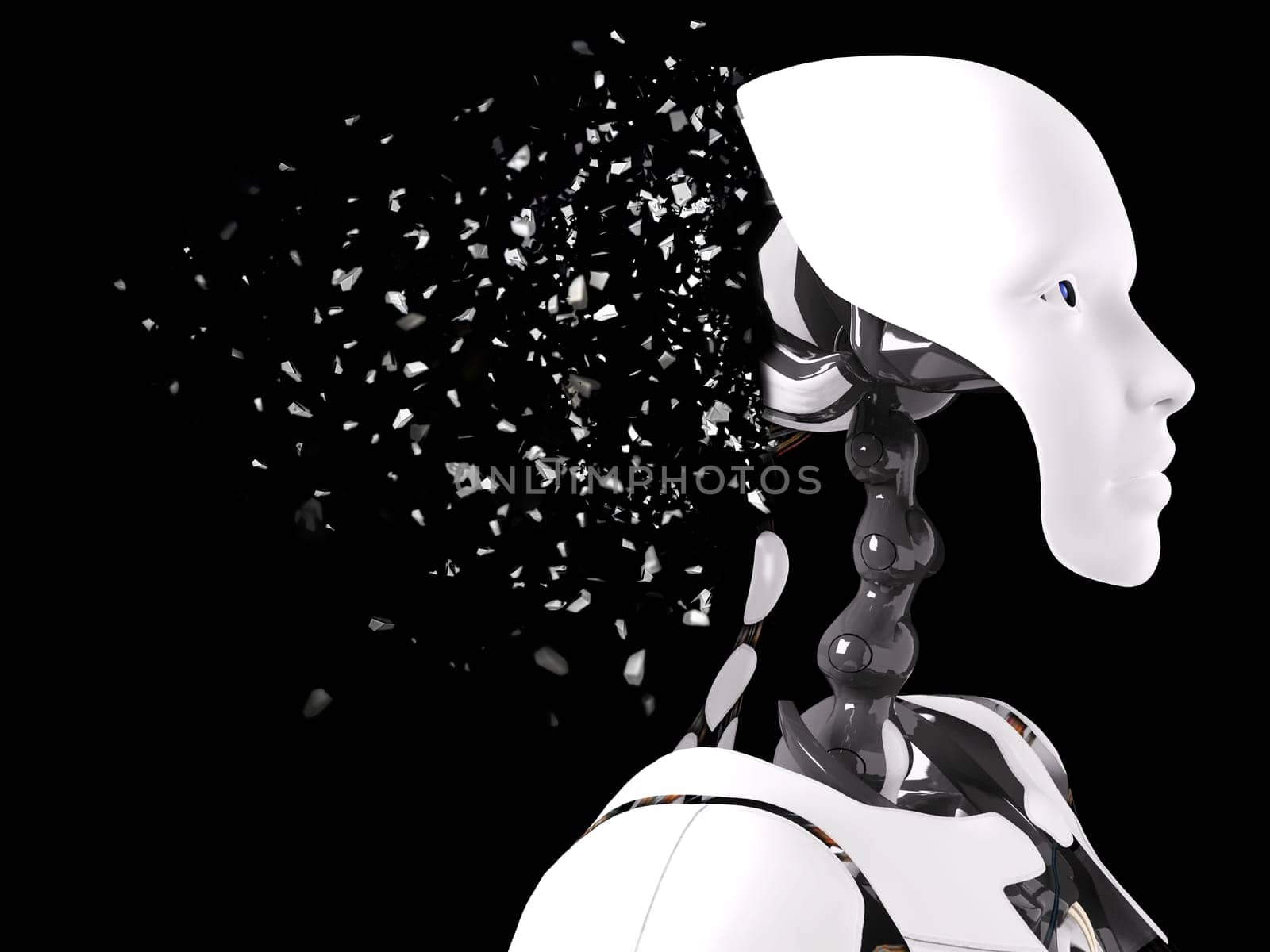 3D rendering of the head of a female robot. The head is breaking apart. Black background.