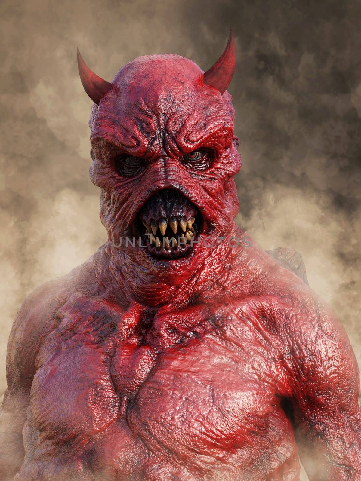 Head portrait of a mean looking demonic, red devil with horns, 3D rendering. He is surrounded by smoke.