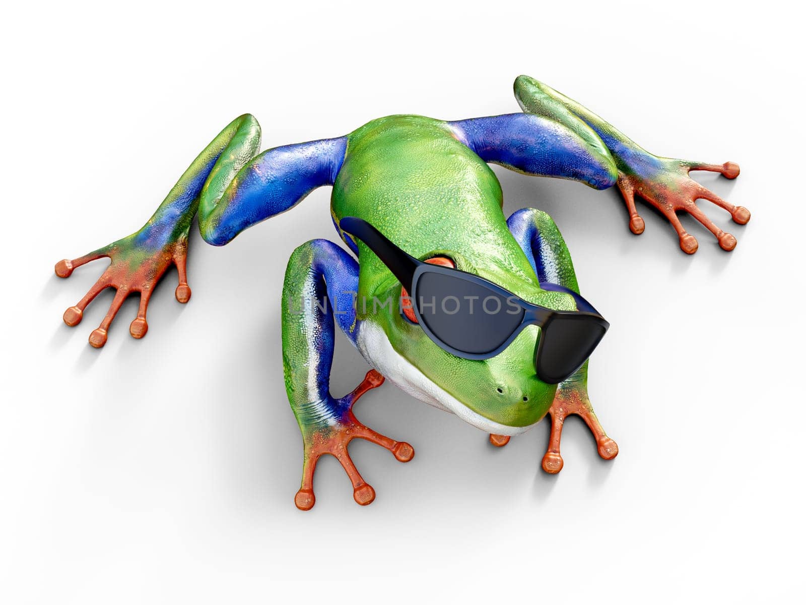 Realistic 3D rendering of a green, blue and orange colored red-eyed tree frog, Agalychnis callidryas, sitting on a white floor and wearing sunglasses, looking up.